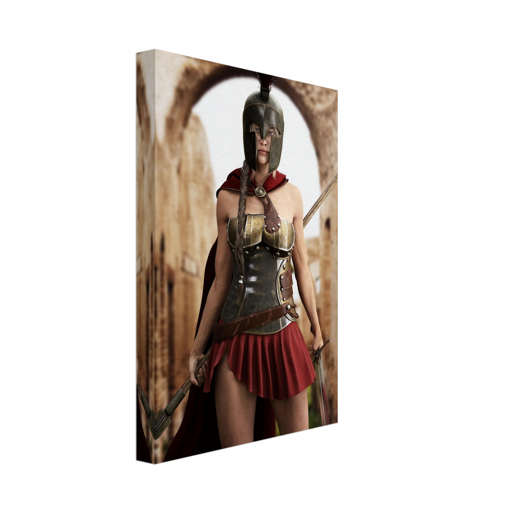 A vertical canvas wall art print showing a Spartan warrior in a bronze helmet and armor with a red skirt, standing in front of an archway. The canvas is shown at an angle against a plain white background.