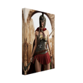A vertical canvas wall art print showing a Spartan warrior in a bronze helmet and armor with a red skirt, standing in front of an archway. The canvas is shown at an angle against a plain white background.