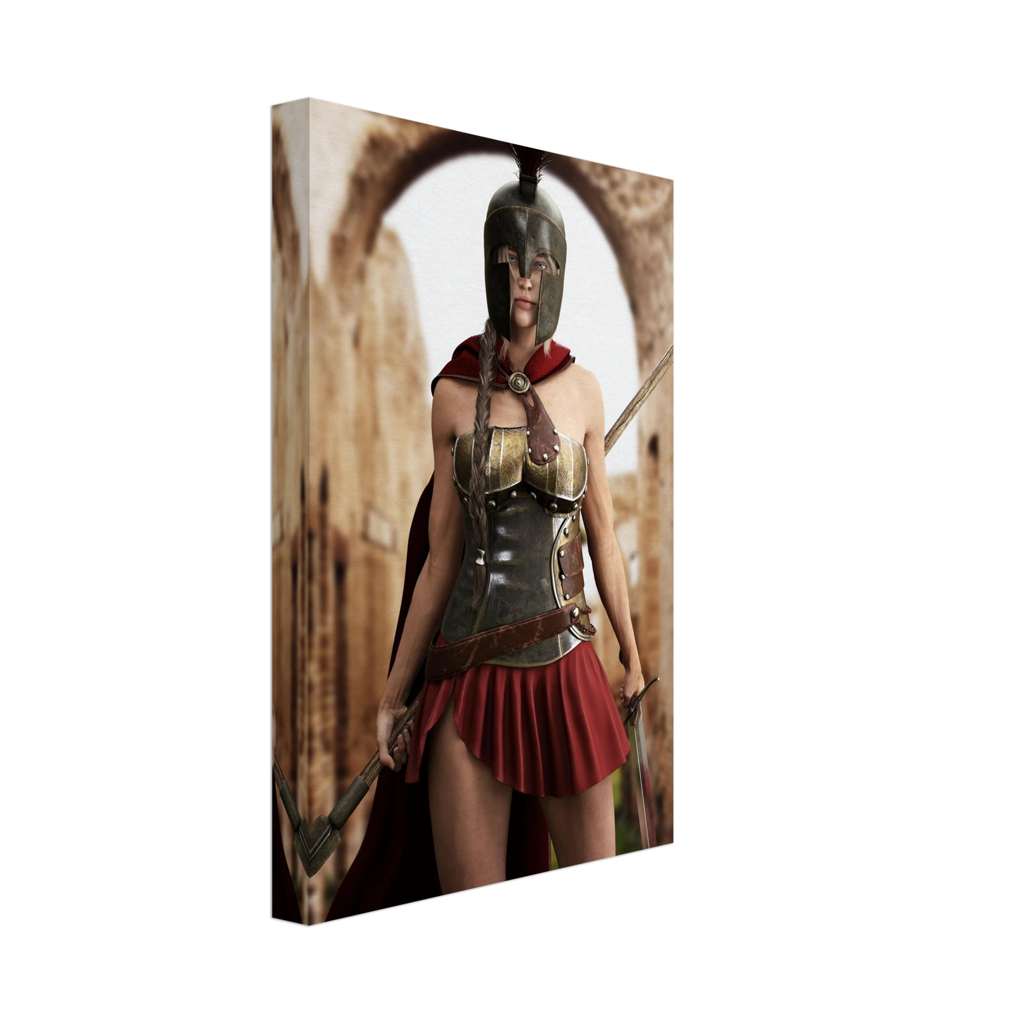 A vertical canvas wall art print showing a Spartan warrior in a bronze helmet and armor with a red skirt, standing in front of an archway. The canvas is shown at an angle against a plain white background.