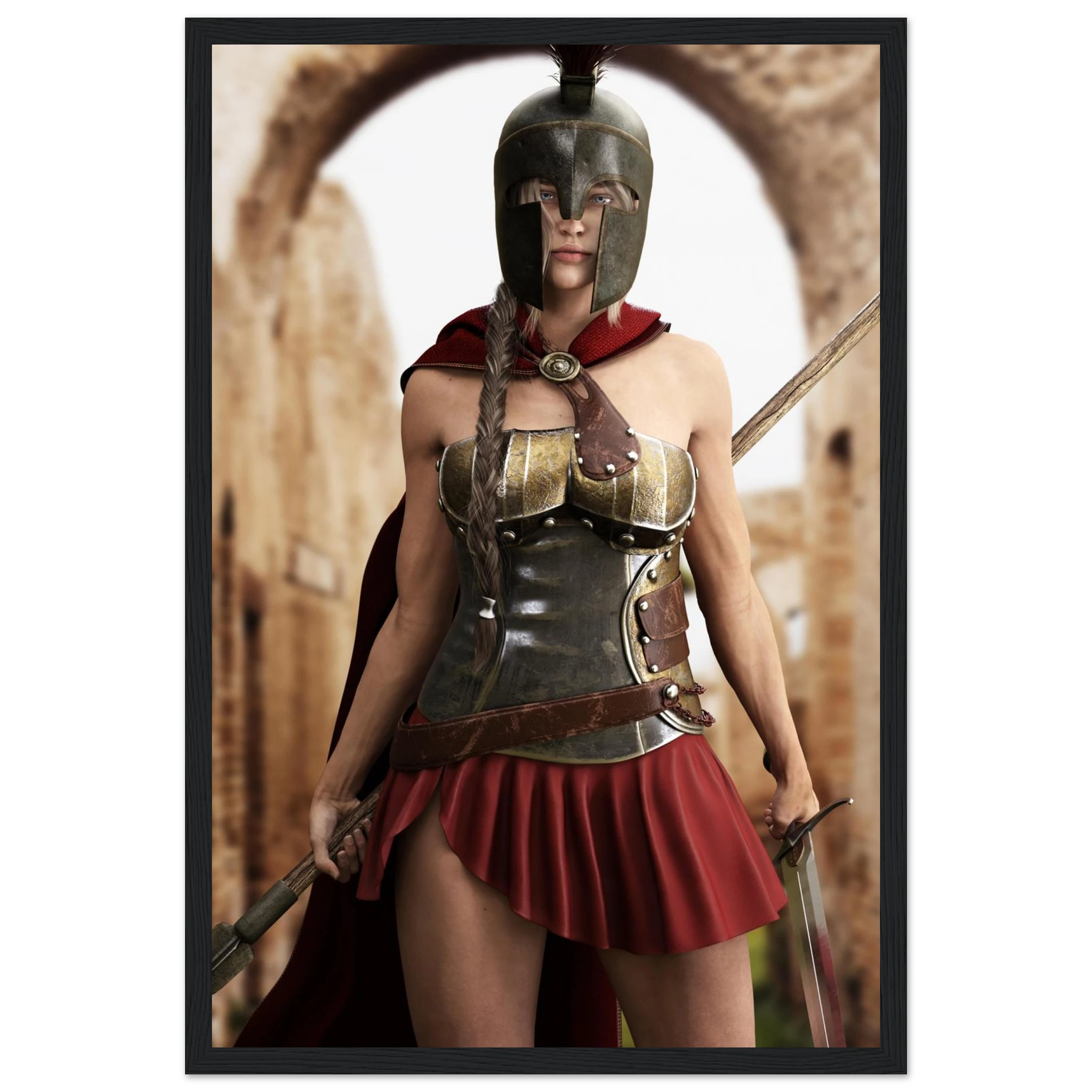A framed art print depicting a Spartan warrior in a bronze helmet and armor with a red skirt and cape, standing in front of an archway.