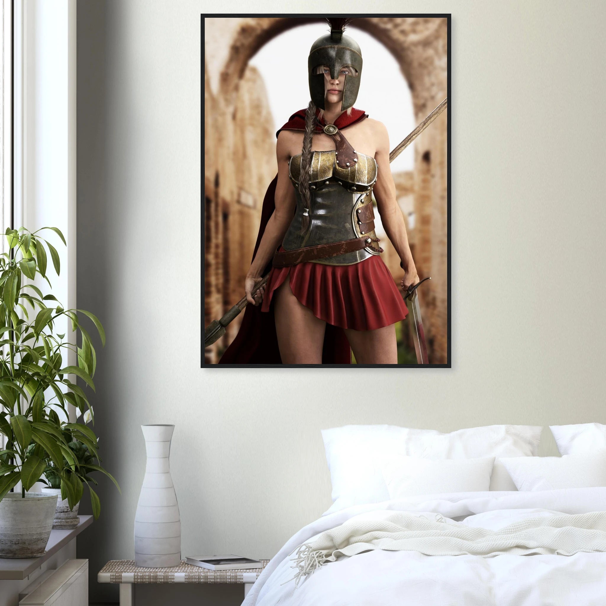 A framed wall art print depicting a Spartan warrior in armor with a red skirt, hanging above a bed in a modern bedroom setting.