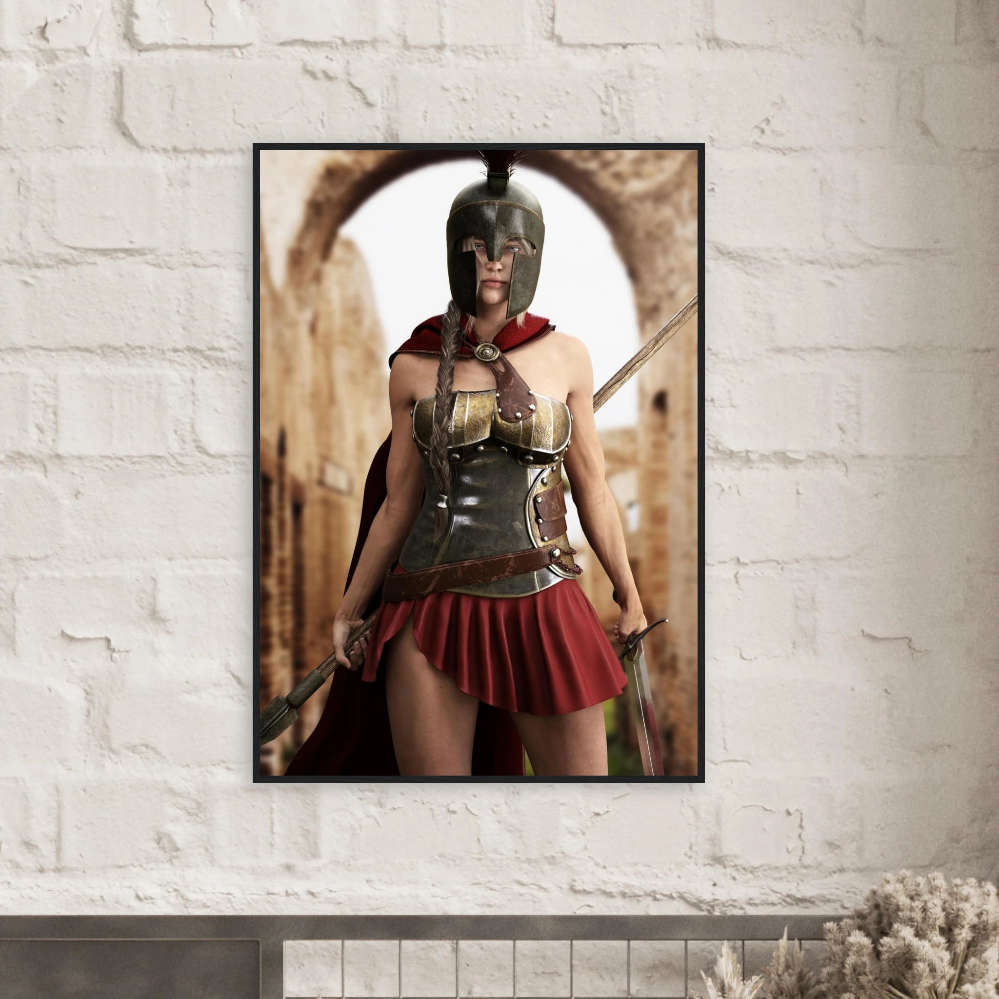 A framed vertical art print depicting a Spartan warrior in armor and helmet with a red skirt, displayed on a white brick wall above a fireplace.