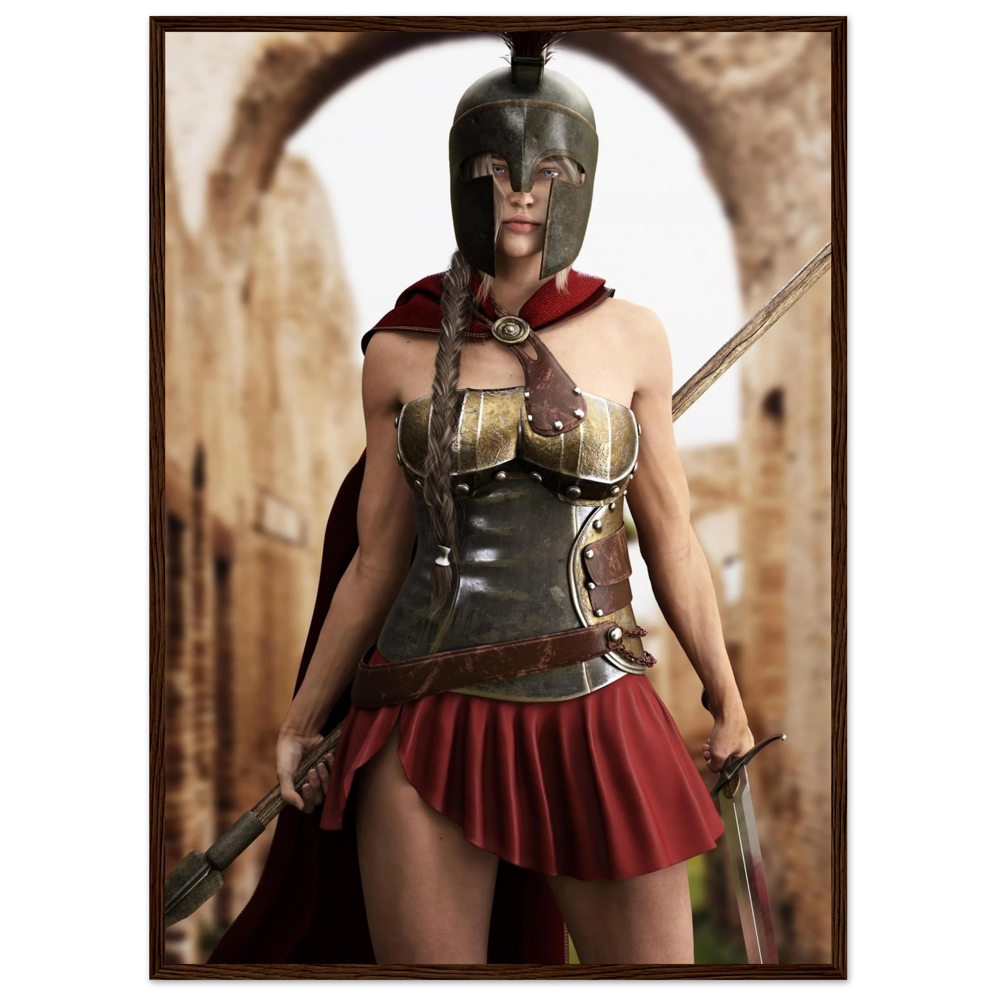 A framed art print depicting a Spartan warrior woman in a bronze helmet and armor with a red cape and pleated red skirt, standing in front of an archway.