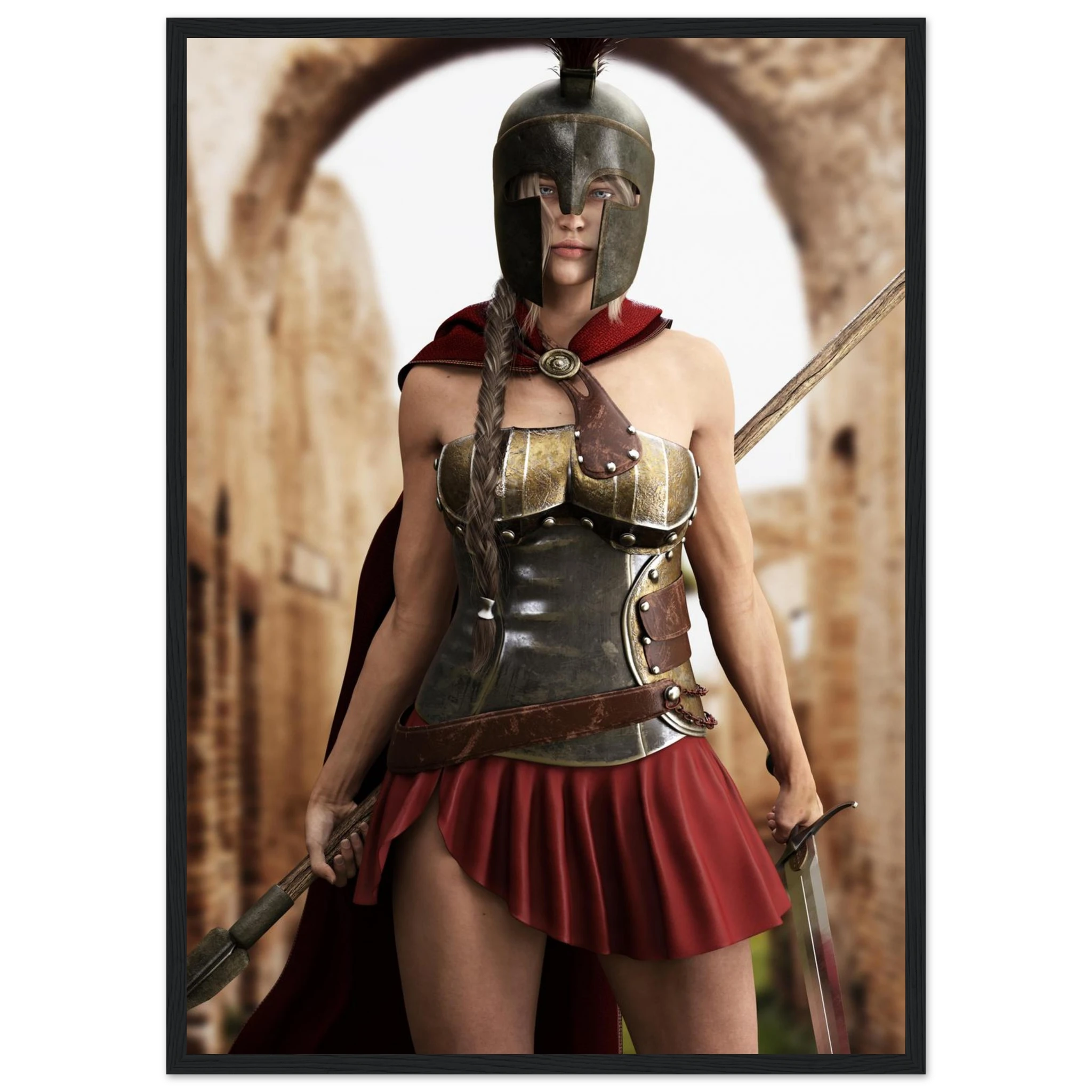 A framed art print depicting a Spartan warrior woman in a bronze helmet and armor with a red skirt and cape, holding a sword, set against an archway background.