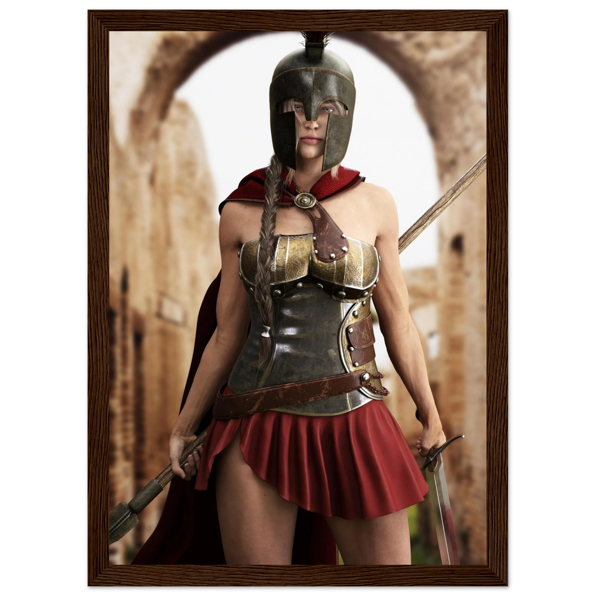 A framed art print depicting a Spartan warrior in ancient armor with a red cape and skirt, standing in front of stone arches. The print is enclosed in a dark brown wooden frame and shown against a plain white background.