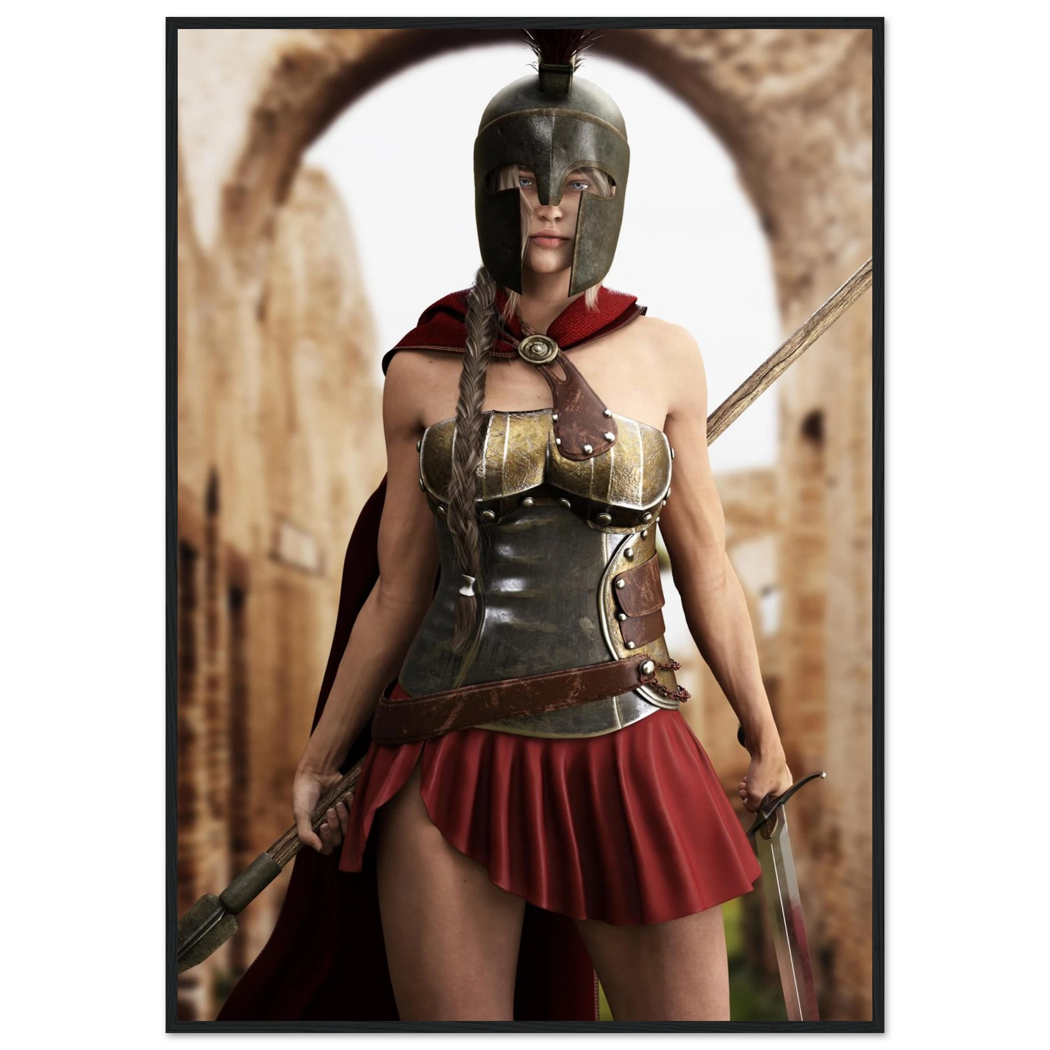 A framed art print depicting a Spartan warrior in detailed bronze and silver armor with a red cape and skirt, holding a sword, set against a stone archway background.