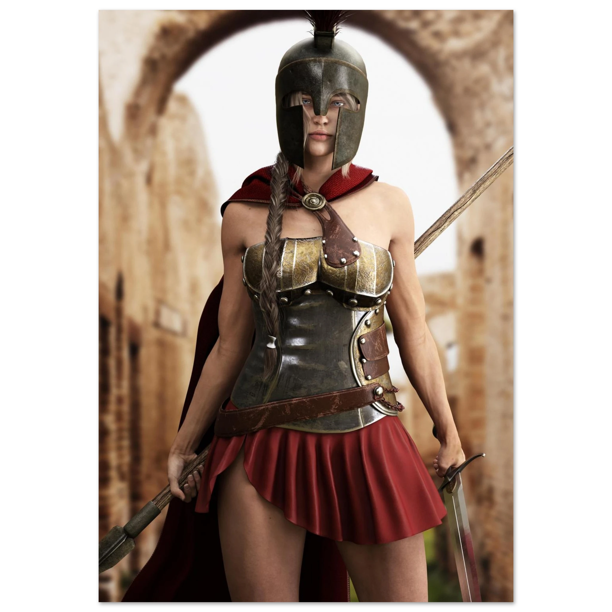 Handcrafted fantasy artwork depicting a powerful Spartan warrior woman standing before ancient Greek ruins, wearing a Corinthian bronze helmet, polished armor, crimson cape, and short battle skirt while gripping a spear and sword. Inspired by the legendary warriors of Ancient Sparta, this highly detailed illustration features cinematic lighting, realistic metal textures, classical architecture, and heroic fantasy styling, making it ideal for collectors of Greek mythology, historical fantasy, and epic warrio