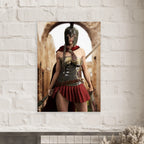 Handcrafted fantasy artwork depicting a powerful Spartan warrior woman standing before ancient Greek ruins, wearing a Corinthian bronze helmet, polished armor, crimson cape, and short battle skirt while gripping a spear and sword. Inspired by the legendary warriors of Ancient Sparta, this highly detailed illustration features cinematic lighting, realistic metal textures, classical architecture, and heroic fantasy styling, making it ideal for collectors of Greek mythology, historical fantasy, and epic warrio