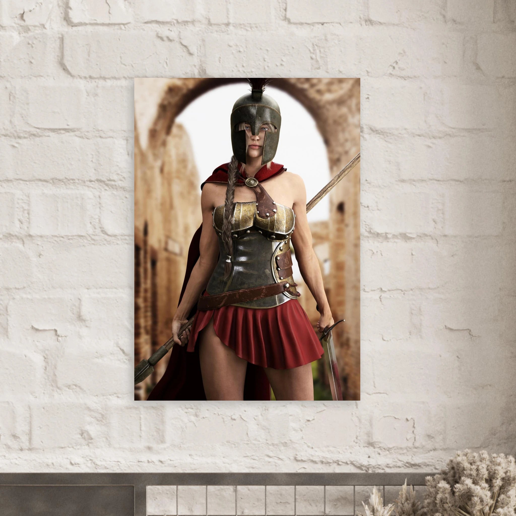 Handcrafted fantasy artwork depicting a powerful Spartan warrior woman standing before ancient Greek ruins, wearing a Corinthian bronze helmet, polished armor, crimson cape, and short battle skirt while gripping a spear and sword. Inspired by the legendary warriors of Ancient Sparta, this highly detailed illustration features cinematic lighting, realistic metal textures, classical architecture, and heroic fantasy styling, making it ideal for collectors of Greek mythology, historical fantasy, and epic warrio