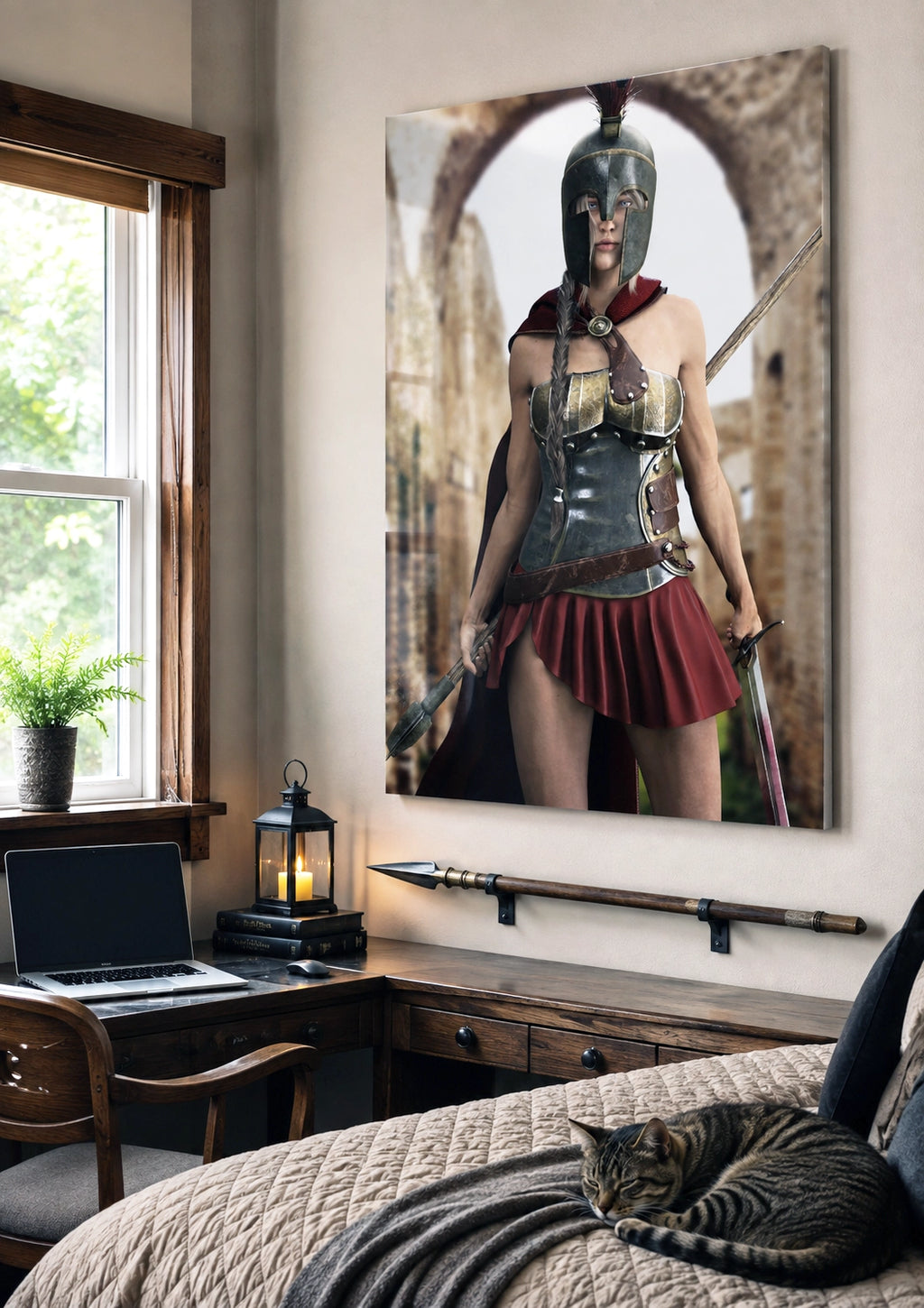 Handcrafted fantasy artwork depicting a powerful Spartan warrior woman standing before ancient Greek ruins, wearing a Corinthian bronze helmet, polished armor, crimson cape, and short battle skirt while gripping a spear and sword. Inspired by the legendary warriors of Ancient Sparta, this highly detailed illustration features cinematic lighting, realistic metal textures, classical architecture, and heroic fantasy styling, making it ideal for collectors of Greek mythology, historical fantasy, and epic warrio