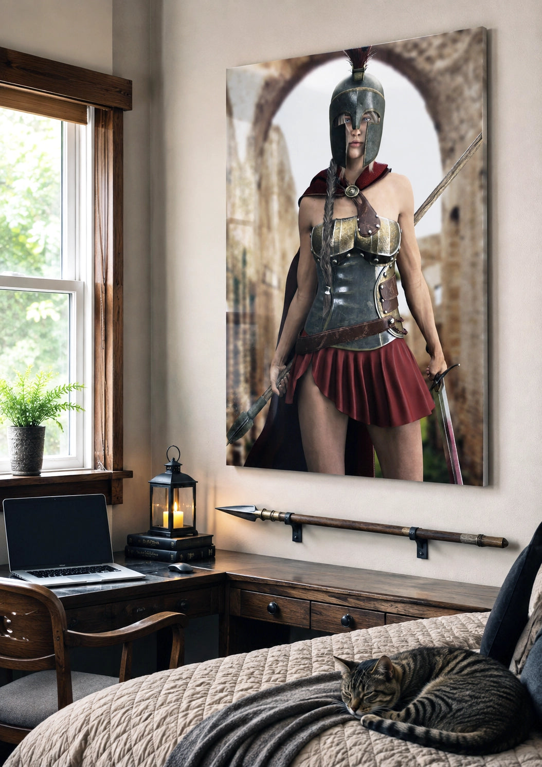 Handcrafted fantasy artwork depicting a powerful Spartan warrior woman standing before ancient Greek ruins, wearing a Corinthian bronze helmet, polished armor, crimson cape, and short battle skirt while gripping a spear and sword. Inspired by the legendary warriors of Ancient Sparta, this highly detailed illustration features cinematic lighting, realistic metal textures, classical architecture, and heroic fantasy styling, making it ideal for collectors of Greek mythology, historical fantasy, and epic warrio