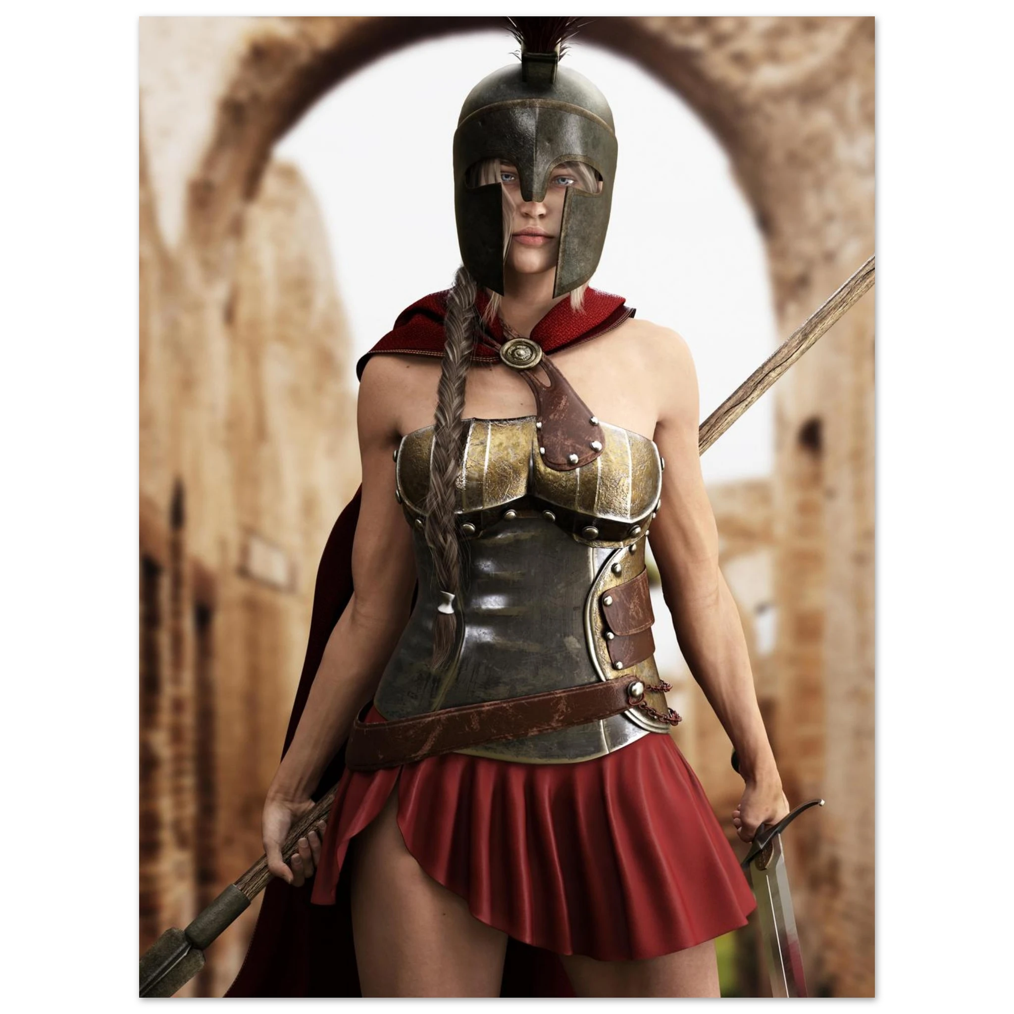 Handcrafted fantasy artwork depicting a powerful Spartan warrior woman standing before ancient Greek ruins, wearing a Corinthian bronze helmet, polished armor, crimson cape, and short battle skirt while gripping a spear and sword. Inspired by the legendary warriors of Ancient Sparta, this highly detailed illustration features cinematic lighting, realistic metal textures, classical architecture, and heroic fantasy styling, making it ideal for collectors of Greek mythology, historical fantasy, and epic warrio