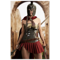 Handcrafted fantasy artwork depicting a powerful Spartan warrior woman standing before ancient Greek ruins, wearing a Corinthian bronze helmet, polished armor, crimson cape, and short battle skirt while gripping a spear and sword. Inspired by the legendary warriors of Ancient Sparta, this highly detailed illustration features cinematic lighting, realistic metal textures, classical architecture, and heroic fantasy styling, making it ideal for collectors of Greek mythology, historical fantasy, and epic warrio