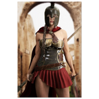 Handcrafted fantasy artwork depicting a powerful Spartan warrior woman standing before ancient Greek ruins, wearing a Corinthian bronze helmet, polished armor, crimson cape, and short battle skirt while gripping a spear and sword. Inspired by the legendary warriors of Ancient Sparta, this highly detailed illustration features cinematic lighting, realistic metal textures, classical architecture, and heroic fantasy styling, making it ideal for collectors of Greek mythology, historical fantasy, and epic warrio