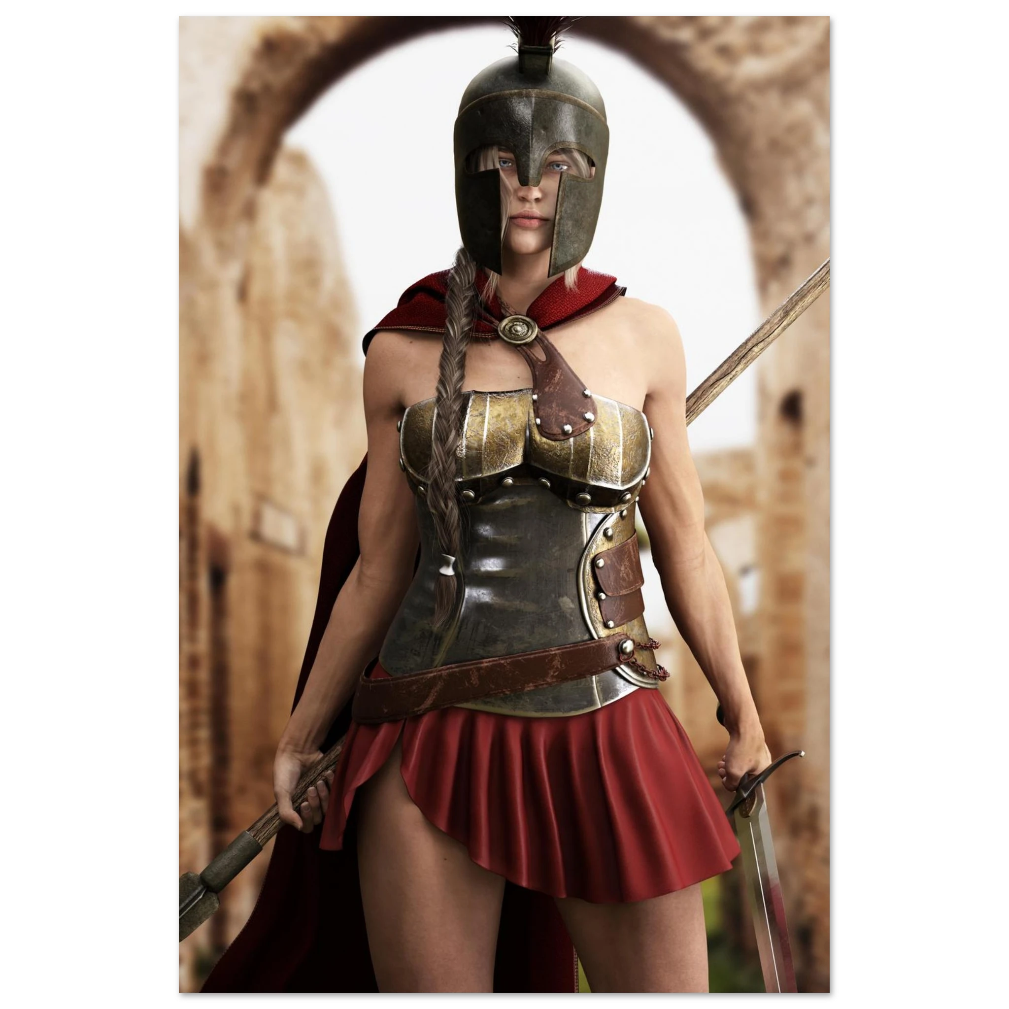 Handcrafted fantasy artwork depicting a powerful Spartan warrior woman standing before ancient Greek ruins, wearing a Corinthian bronze helmet, polished armor, crimson cape, and short battle skirt while gripping a spear and sword. Inspired by the legendary warriors of Ancient Sparta, this highly detailed illustration features cinematic lighting, realistic metal textures, classical architecture, and heroic fantasy styling, making it ideal for collectors of Greek mythology, historical fantasy, and epic warrio