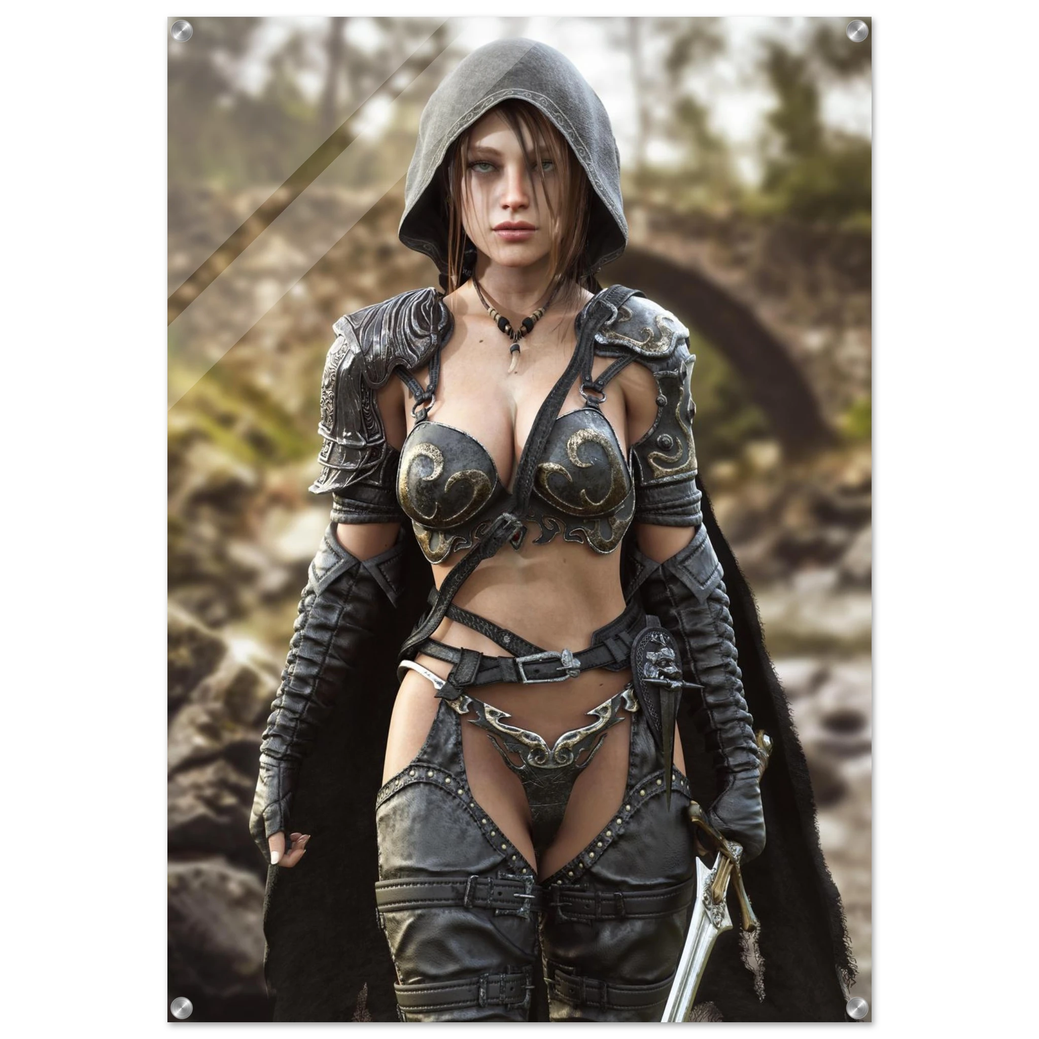 A handcrafted fantasy illustration featuring a determined female ranger walking through a rocky forest stream beneath a weathered stone bridge. She wears a hooded black cloak over intricately engraved silver armor with medieval-inspired detailing and carries an elegant sword at her side. Soft natural light illuminates her realistic facial features while the woodland landscape and flowing stream create an immersive atmosphere of exploration and adventure. Inspired by classic fantasy novels, tabletop role-pla