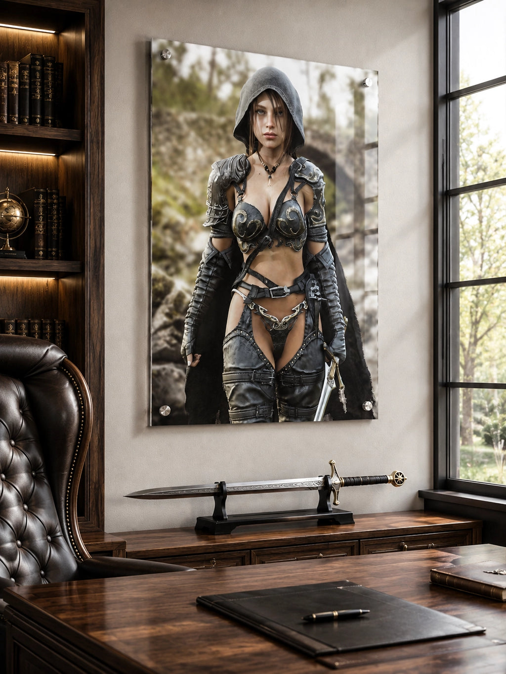 A handcrafted fantasy illustration featuring a determined female ranger walking through a rocky forest stream beneath a weathered stone bridge. She wears a hooded black cloak over intricately engraved silver armor with medieval-inspired detailing and carries an elegant sword at her side. Soft natural light illuminates her realistic facial features while the woodland landscape and flowing stream create an immersive atmosphere of exploration and adventure. Inspired by classic fantasy novels, tabletop role-pla