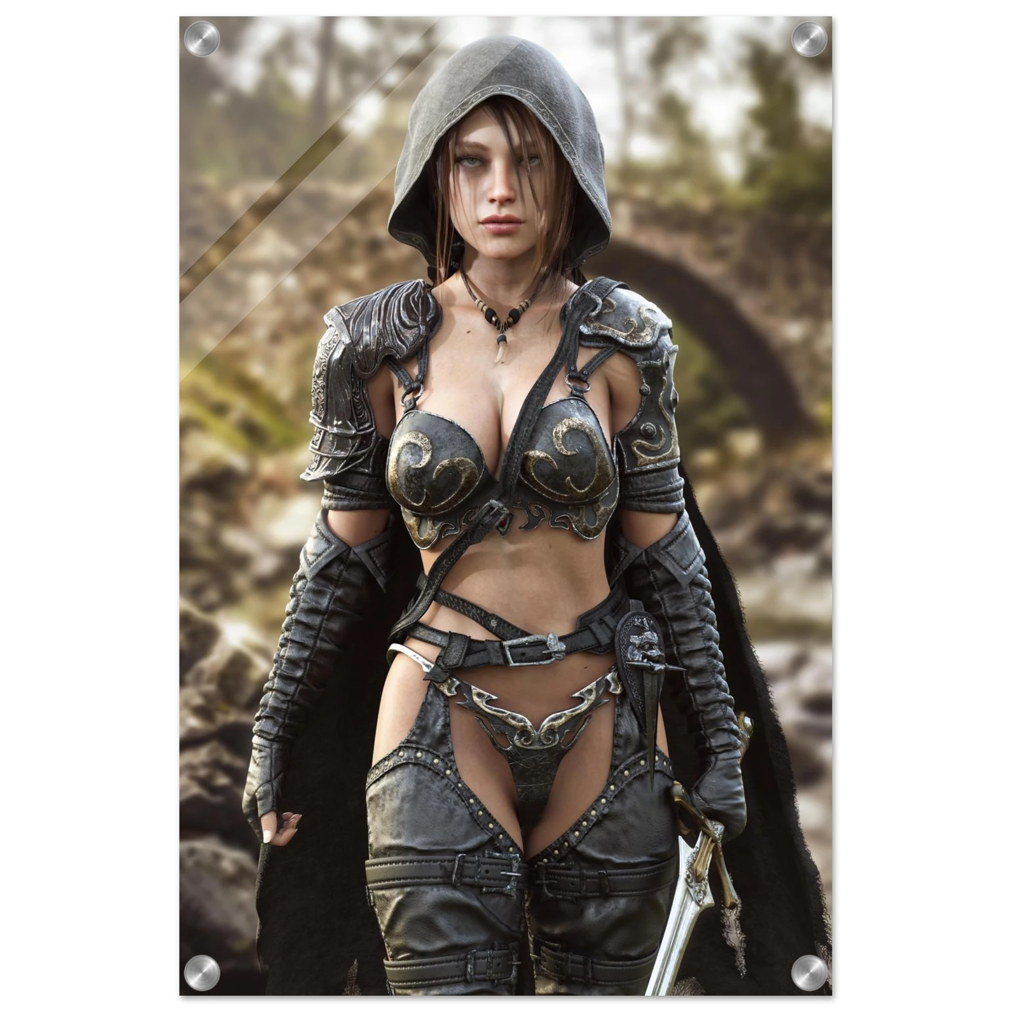 A handcrafted fantasy illustration featuring a determined female ranger walking through a rocky forest stream beneath a weathered stone bridge. She wears a hooded black cloak over intricately engraved silver armor with medieval-inspired detailing and carries an elegant sword at her side. Soft natural light illuminates her realistic facial features while the woodland landscape and flowing stream create an immersive atmosphere of exploration and adventure. Inspired by classic fantasy novels, tabletop role-pla