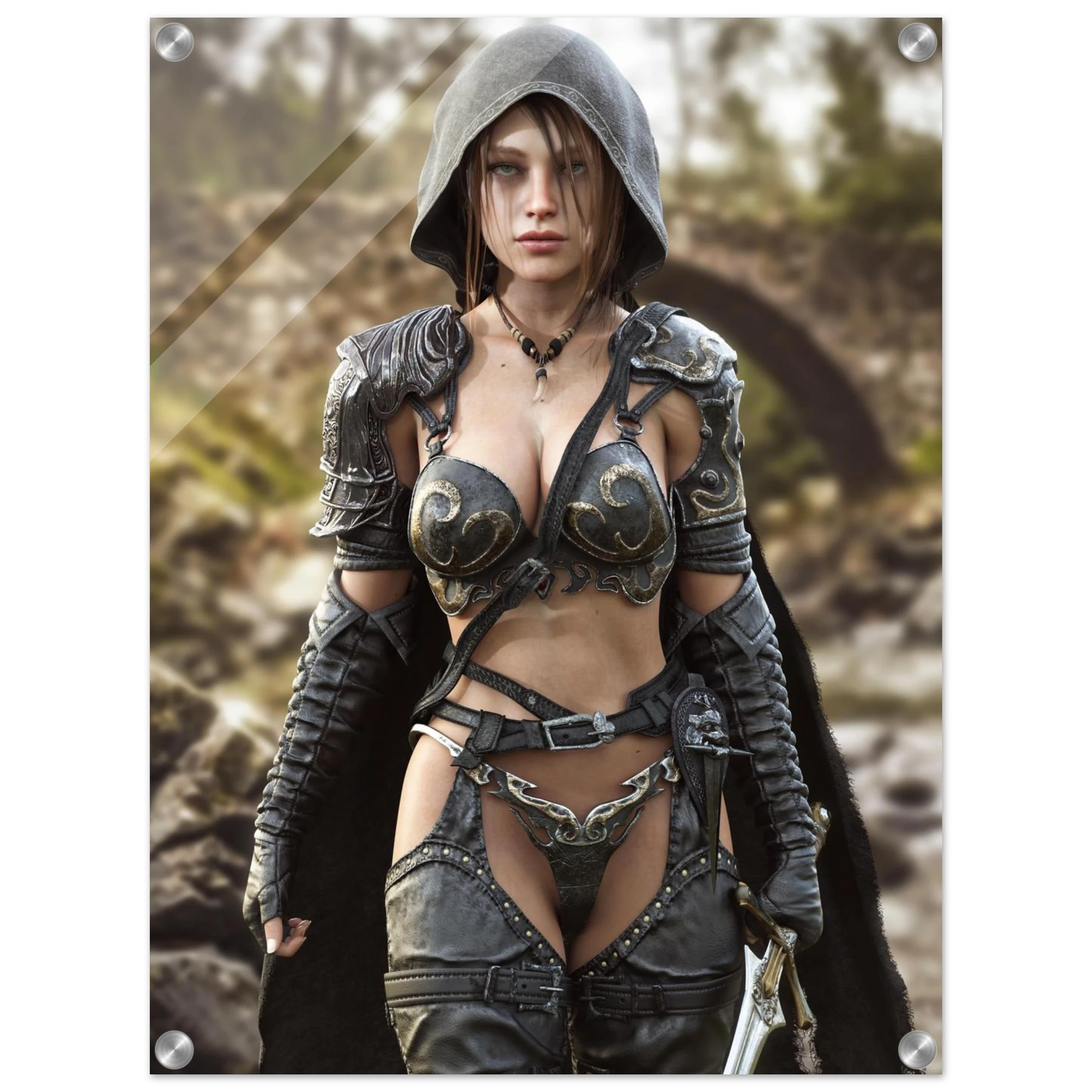 A handcrafted fantasy illustration featuring a determined female ranger walking through a rocky forest stream beneath a weathered stone bridge. She wears a hooded black cloak over intricately engraved silver armor with medieval-inspired detailing and carries an elegant sword at her side. Soft natural light illuminates her realistic facial features while the woodland landscape and flowing stream create an immersive atmosphere of exploration and adventure. Inspired by classic fantasy novels, tabletop role-pla