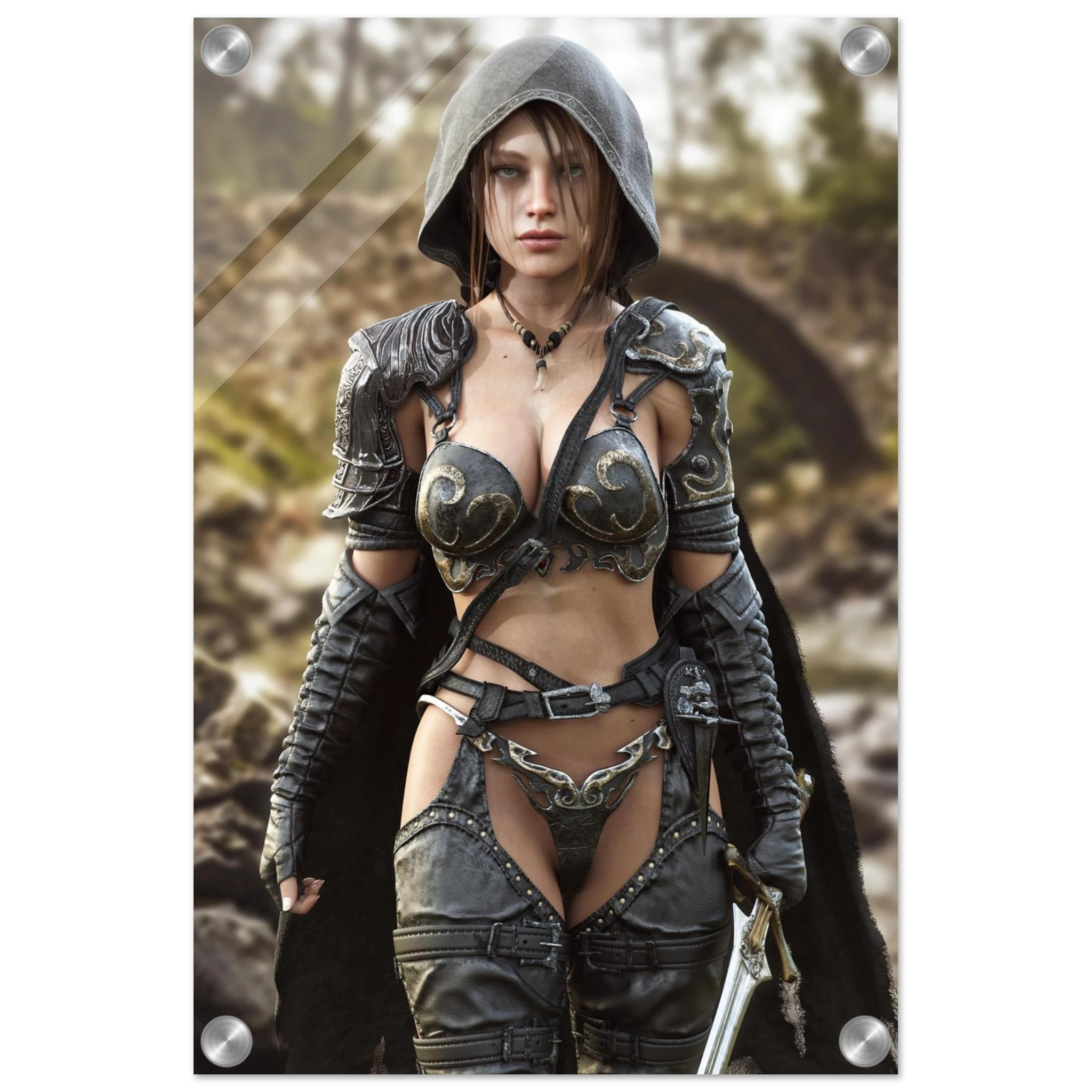 A handcrafted fantasy illustration featuring a determined female ranger walking through a rocky forest stream beneath a weathered stone bridge. She wears a hooded black cloak over intricately engraved silver armor with medieval-inspired detailing and carries an elegant sword at her side. Soft natural light illuminates her realistic facial features while the woodland landscape and flowing stream create an immersive atmosphere of exploration and adventure. Inspired by classic fantasy novels, tabletop role-pla