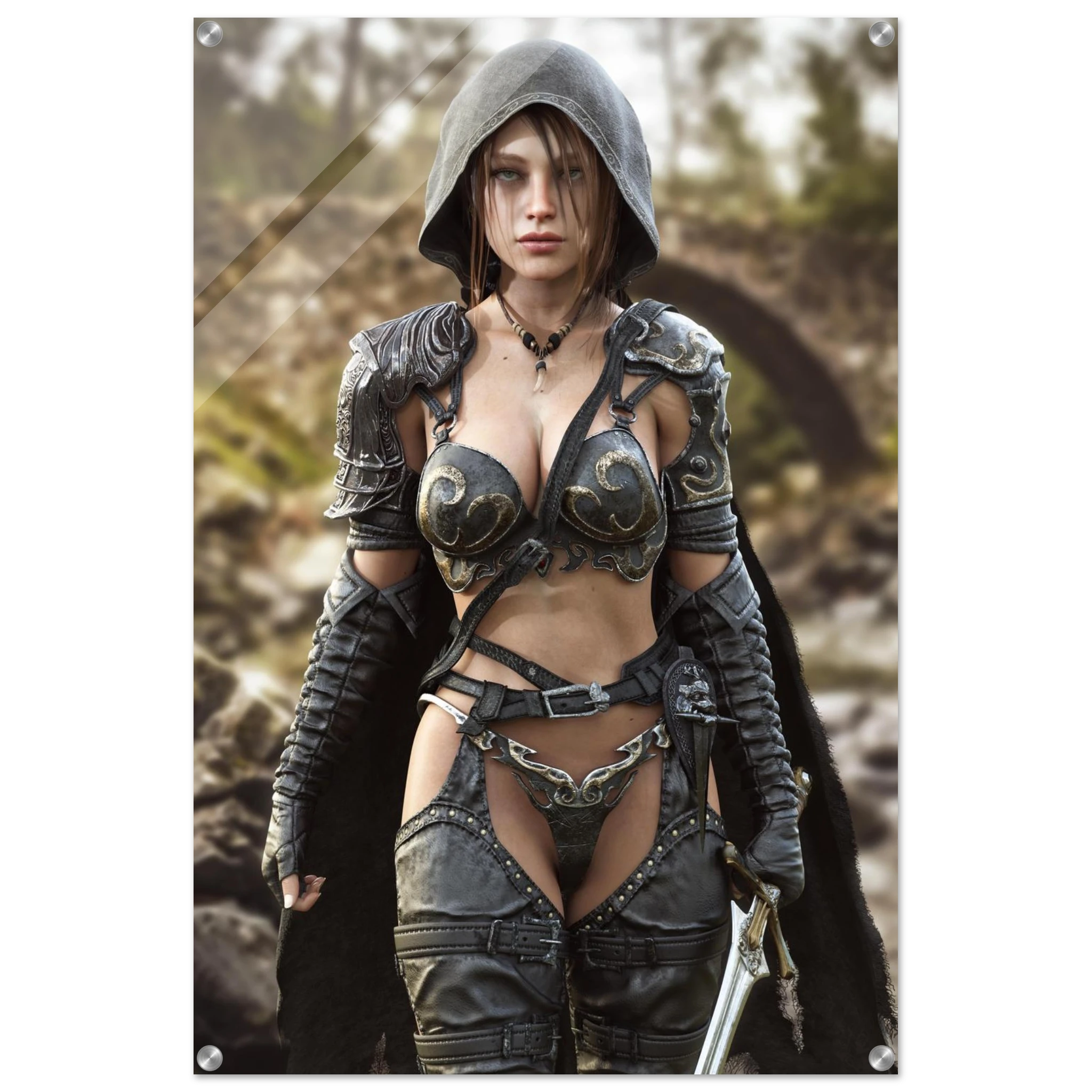 A handcrafted fantasy illustration featuring a determined female ranger walking through a rocky forest stream beneath a weathered stone bridge. She wears a hooded black cloak over intricately engraved silver armor with medieval-inspired detailing and carries an elegant sword at her side. Soft natural light illuminates her realistic facial features while the woodland landscape and flowing stream create an immersive atmosphere of exploration and adventure. Inspired by classic fantasy novels, tabletop role-pla