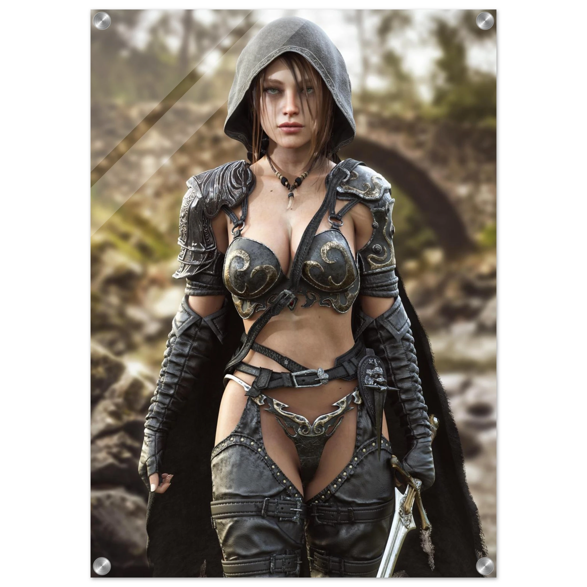 A handcrafted fantasy illustration featuring a determined female ranger walking through a rocky forest stream beneath a weathered stone bridge. She wears a hooded black cloak over intricately engraved silver armor with medieval-inspired detailing and carries an elegant sword at her side. Soft natural light illuminates her realistic facial features while the woodland landscape and flowing stream create an immersive atmosphere of exploration and adventure. Inspired by classic fantasy novels, tabletop role-pla
