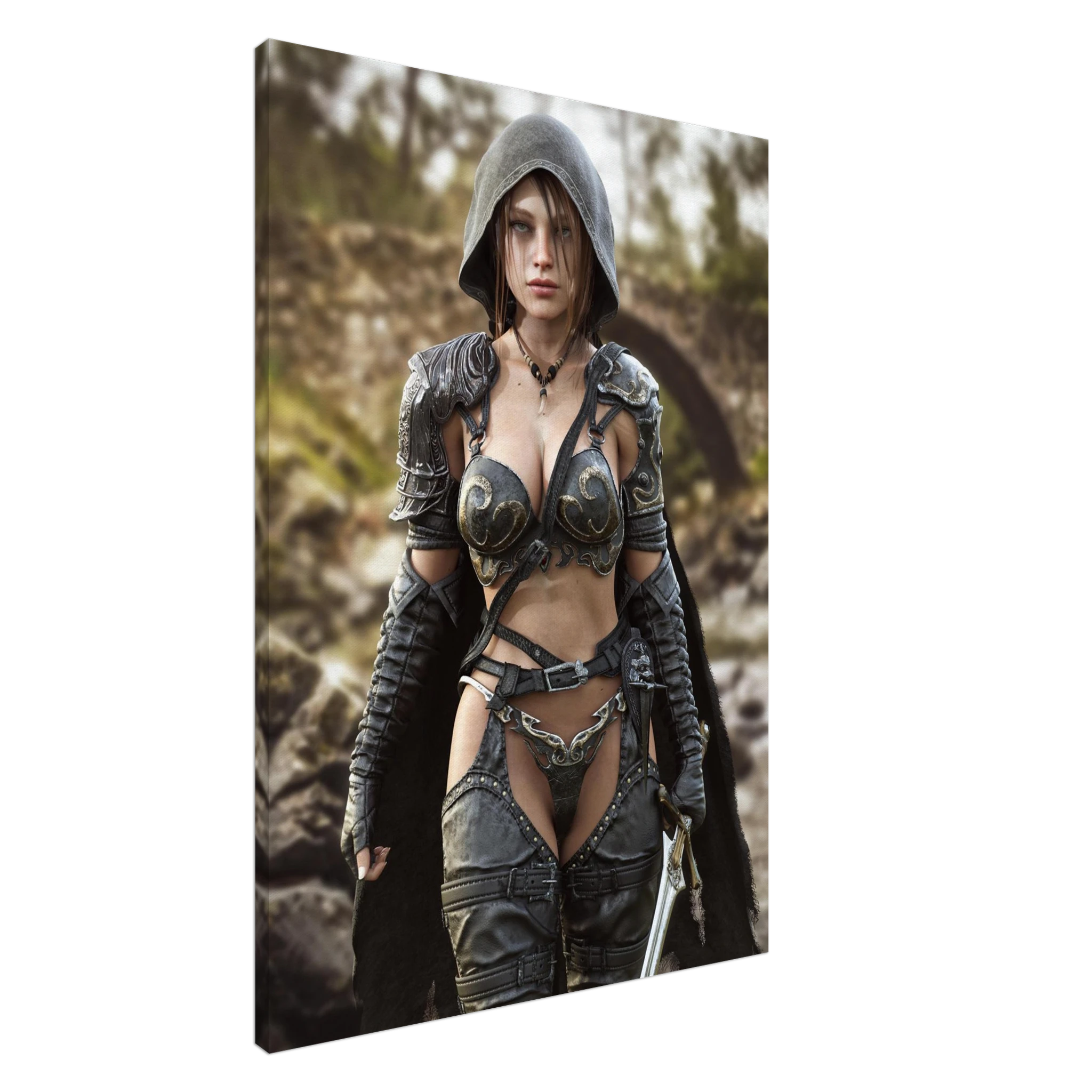 A handcrafted fantasy illustration featuring a determined female ranger walking through a rocky forest stream beneath a weathered stone bridge. She wears a hooded black cloak over intricately engraved silver armor with medieval-inspired detailing and carries an elegant sword at her side. Soft natural light illuminates her realistic facial features while the woodland landscape and flowing stream create an immersive atmosphere of exploration and adventure. Inspired by classic fantasy novels, tabletop role-pla
