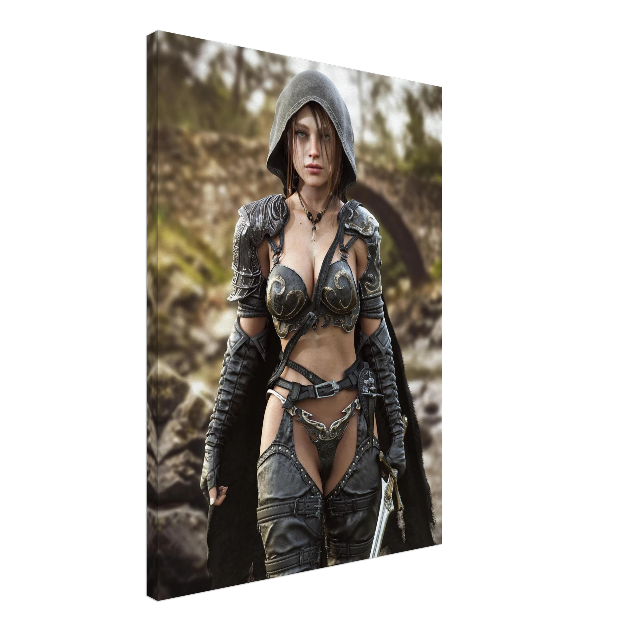 A handcrafted fantasy illustration featuring a determined female ranger walking through a rocky forest stream beneath a weathered stone bridge. She wears a hooded black cloak over intricately engraved silver armor with medieval-inspired detailing and carries an elegant sword at her side. Soft natural light illuminates her realistic facial features while the woodland landscape and flowing stream create an immersive atmosphere of exploration and adventure. Inspired by classic fantasy novels, tabletop role-pla