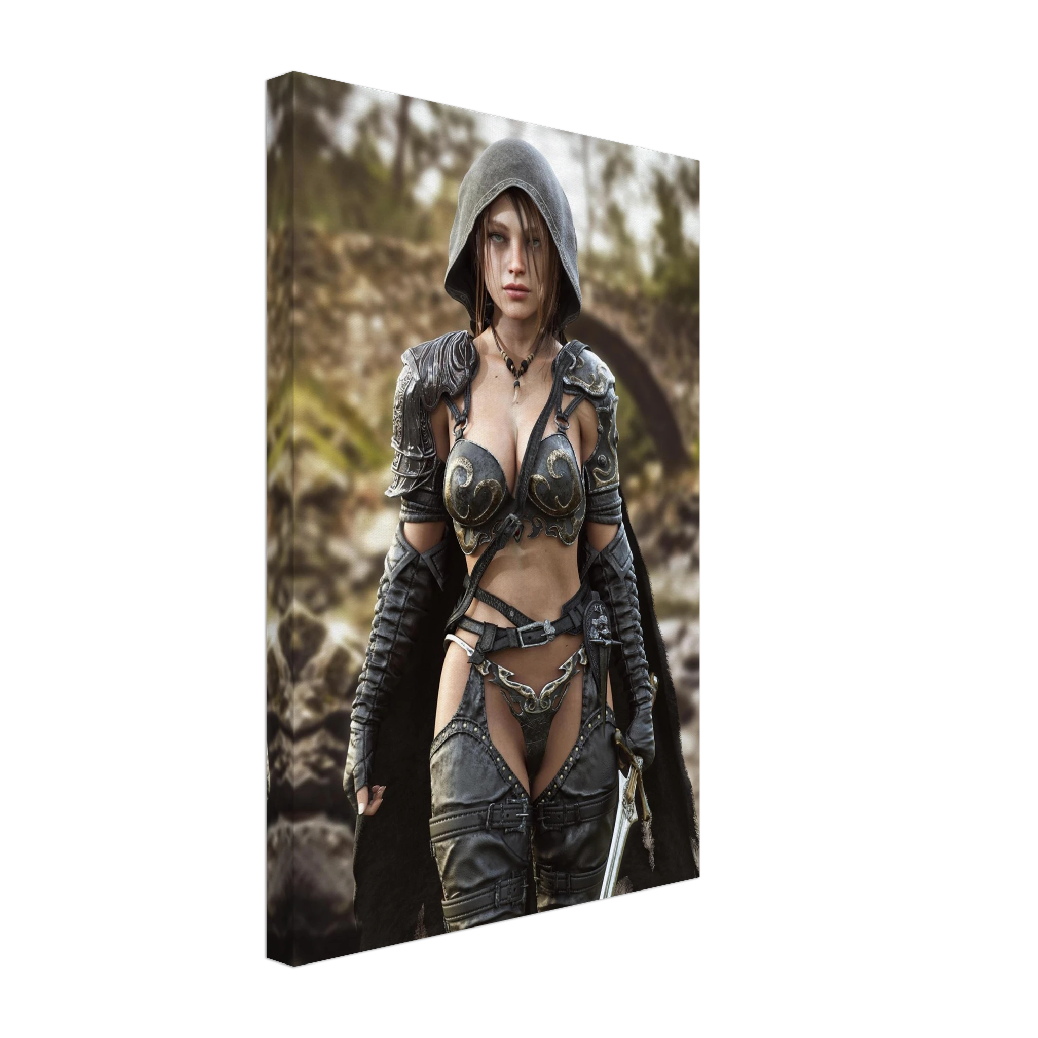 A handcrafted fantasy illustration featuring a determined female ranger walking through a rocky forest stream beneath a weathered stone bridge. She wears a hooded black cloak over intricately engraved silver armor with medieval-inspired detailing and carries an elegant sword at her side. Soft natural light illuminates her realistic facial features while the woodland landscape and flowing stream create an immersive atmosphere of exploration and adventure. Inspired by classic fantasy novels, tabletop role-pla