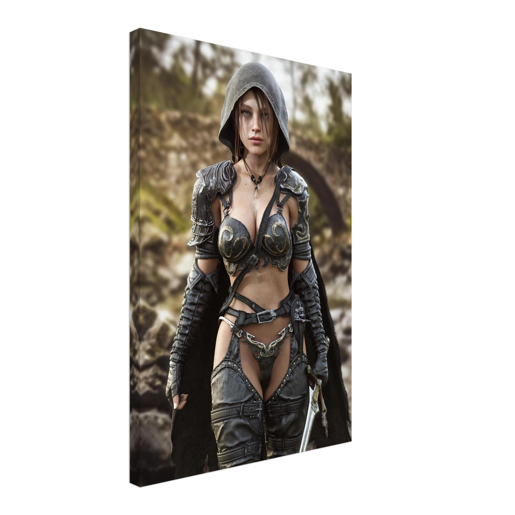 A handcrafted fantasy illustration featuring a determined female ranger walking through a rocky forest stream beneath a weathered stone bridge. She wears a hooded black cloak over intricately engraved silver armor with medieval-inspired detailing and carries an elegant sword at her side. Soft natural light illuminates her realistic facial features while the woodland landscape and flowing stream create an immersive atmosphere of exploration and adventure. Inspired by classic fantasy novels, tabletop role-pla