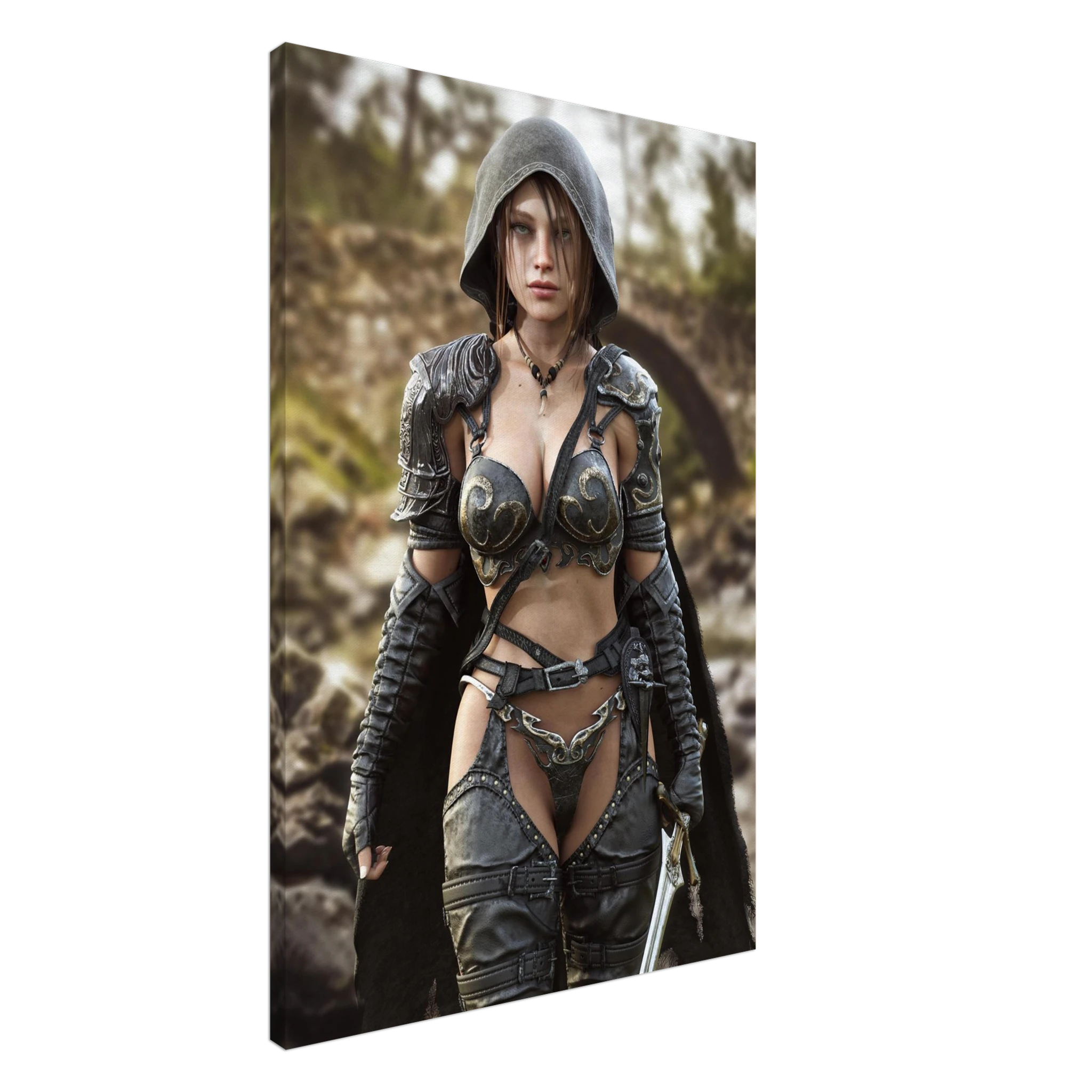 A handcrafted fantasy illustration featuring a determined female ranger walking through a rocky forest stream beneath a weathered stone bridge. She wears a hooded black cloak over intricately engraved silver armor with medieval-inspired detailing and carries an elegant sword at her side. Soft natural light illuminates her realistic facial features while the woodland landscape and flowing stream create an immersive atmosphere of exploration and adventure. Inspired by classic fantasy novels, tabletop role-pla