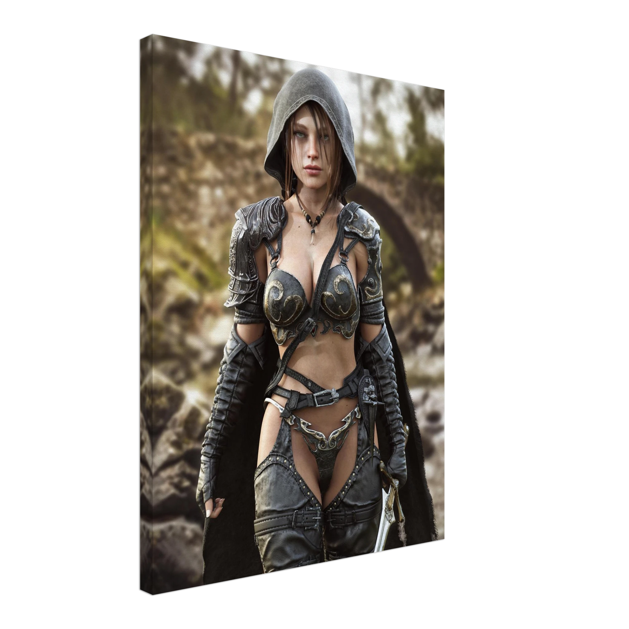 A handcrafted fantasy illustration featuring a determined female ranger walking through a rocky forest stream beneath a weathered stone bridge. She wears a hooded black cloak over intricately engraved silver armor with medieval-inspired detailing and carries an elegant sword at her side. Soft natural light illuminates her realistic facial features while the woodland landscape and flowing stream create an immersive atmosphere of exploration and adventure. Inspired by classic fantasy novels, tabletop role-pla