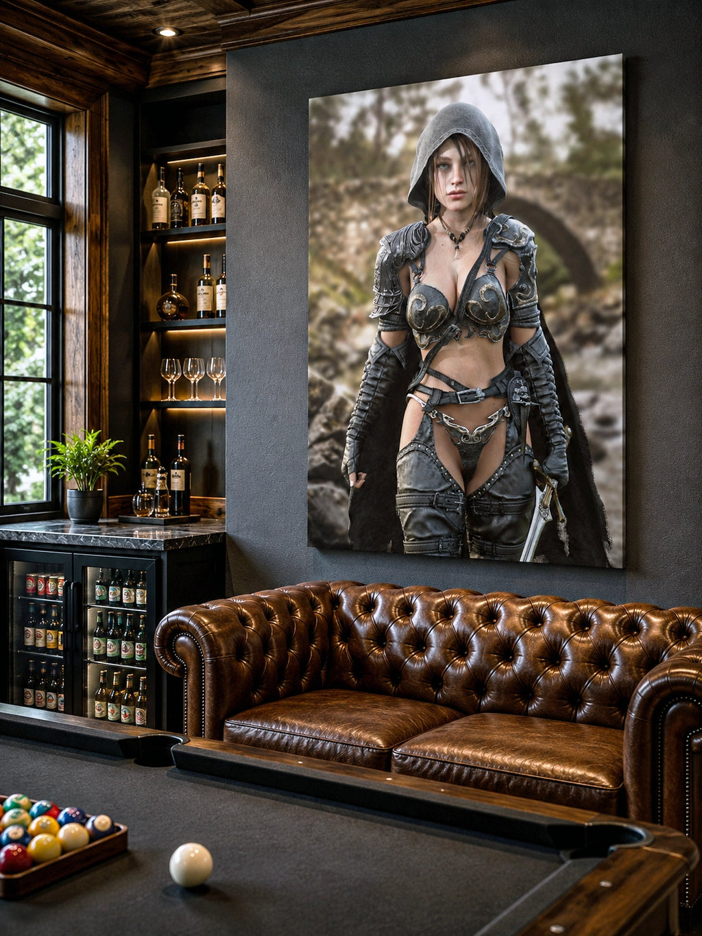 A handcrafted fantasy illustration featuring a determined female ranger walking through a rocky forest stream beneath a weathered stone bridge. She wears a hooded black cloak over intricately engraved silver armor with medieval-inspired detailing and carries an elegant sword at her side. Soft natural light illuminates her realistic facial features while the woodland landscape and flowing stream create an immersive atmosphere of exploration and adventure. Inspired by classic fantasy novels, tabletop role-pla