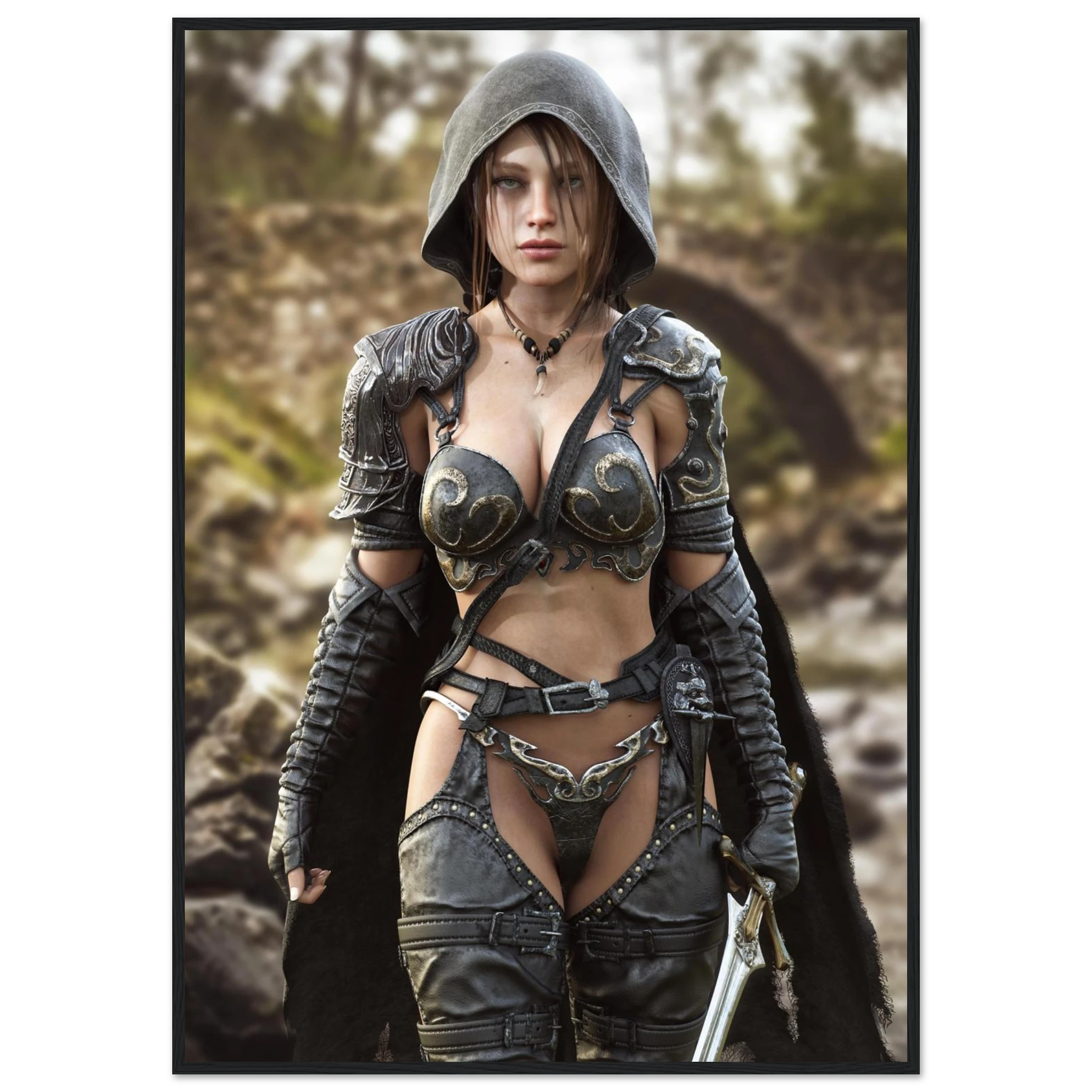 A framed vertical art print featuring a fantasy female warrior in dark metallic armor with a hood, standing outdoors against a blurred natural background. The print is shown with a thin black frame and white margin around it.
