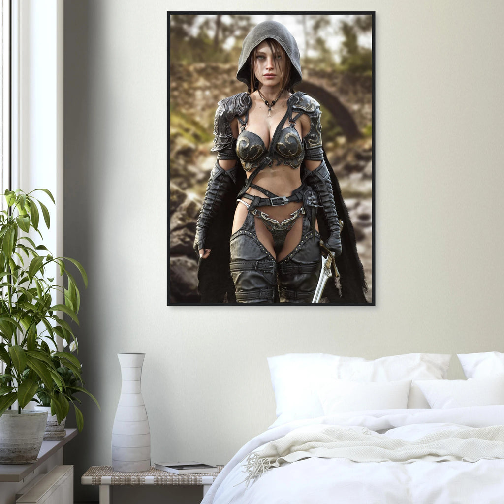 A framed vertical art print of a fantasy female warrior in dark armor hanging on a light beige wall above a bed in a styled bedroom setting.