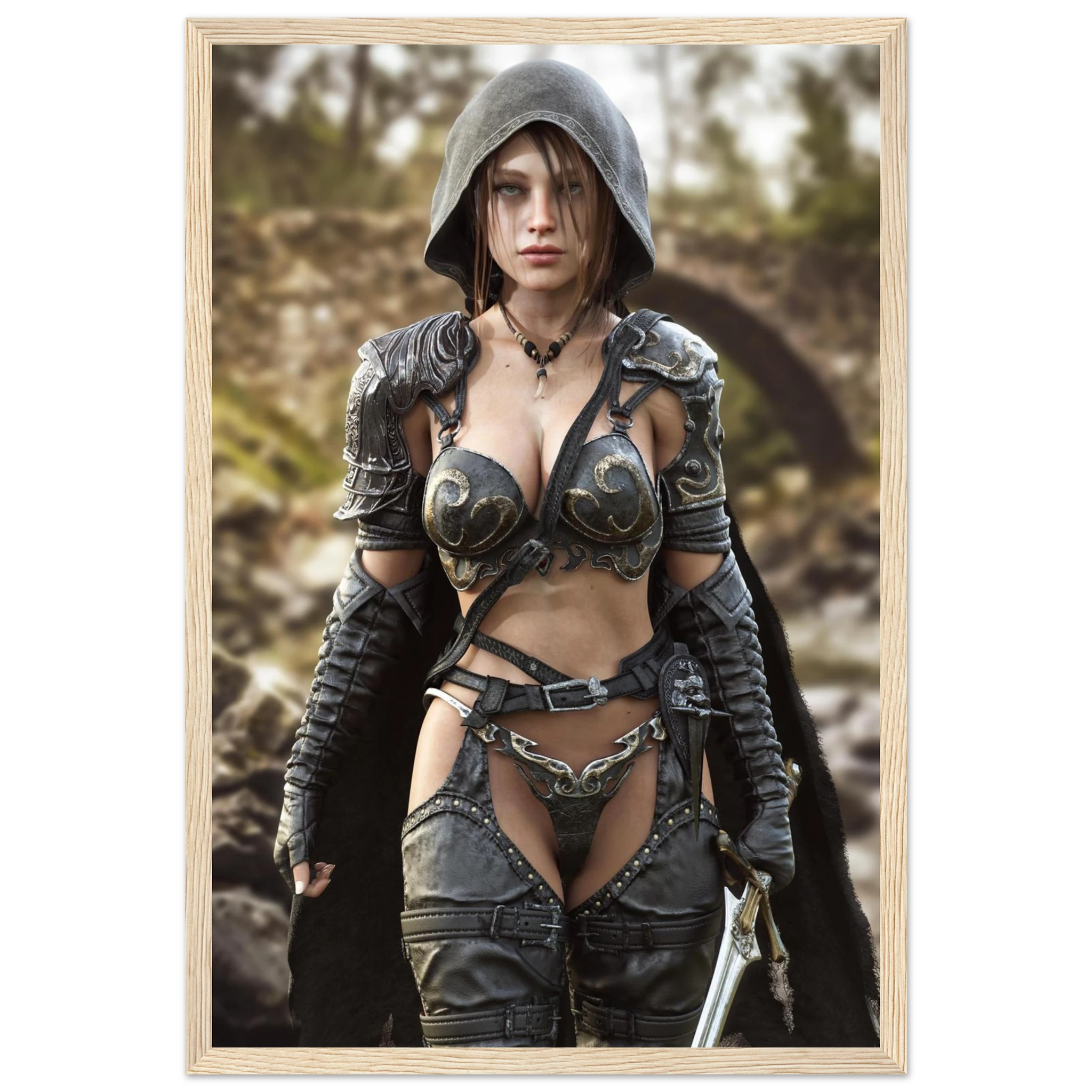 A framed art print featuring a fantasy illustration of a female warrior in dark metallic armor with a hood, standing in an outdoor rocky setting.