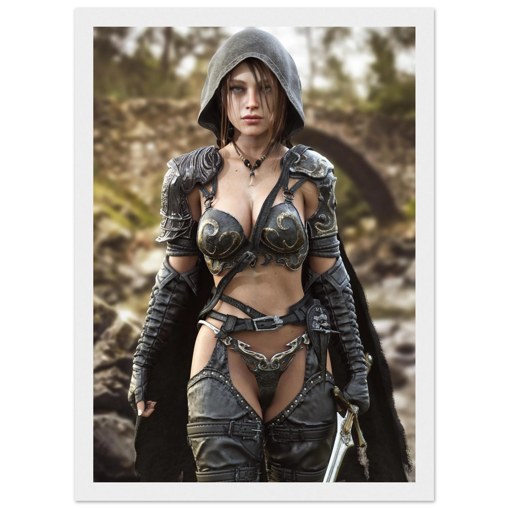 A framed art print featuring a fantasy illustration of a hooded female warrior in dark metallic armor with a black cape, set against a blurred natural background.