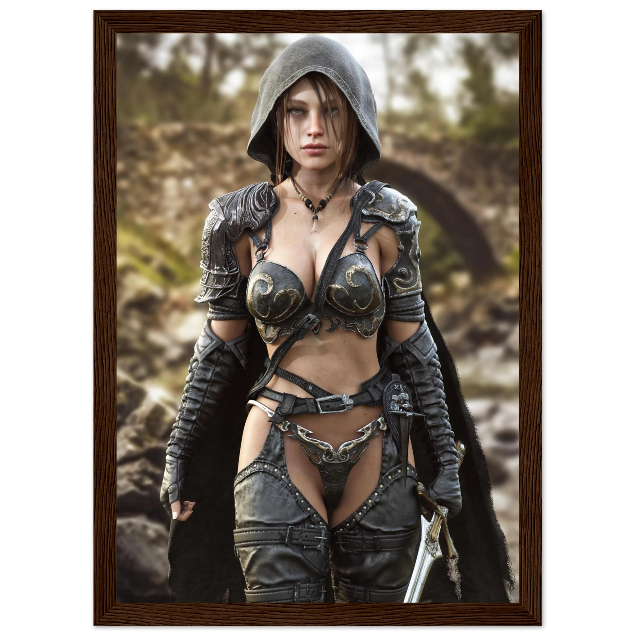 A framed art print featuring a fantasy illustration of a female warrior in dark metallic armor with a hood, standing in a blurred outdoor setting. The print is enclosed in a dark brown wood frame.