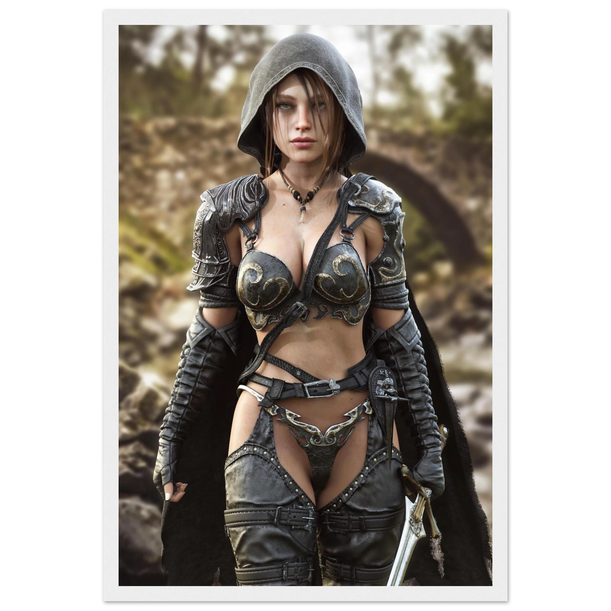 A vertical art print featuring a fantasy female warrior in dark metallic armor with a hood, standing outdoors against a blurred forest and stone background. The print is shown with a white border, suggesting it is sold as a poster or wall art.
