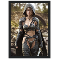 A framed art print featuring a fantasy illustration of a female warrior in dark metallic armor with a hood, set against a blurred outdoor background.