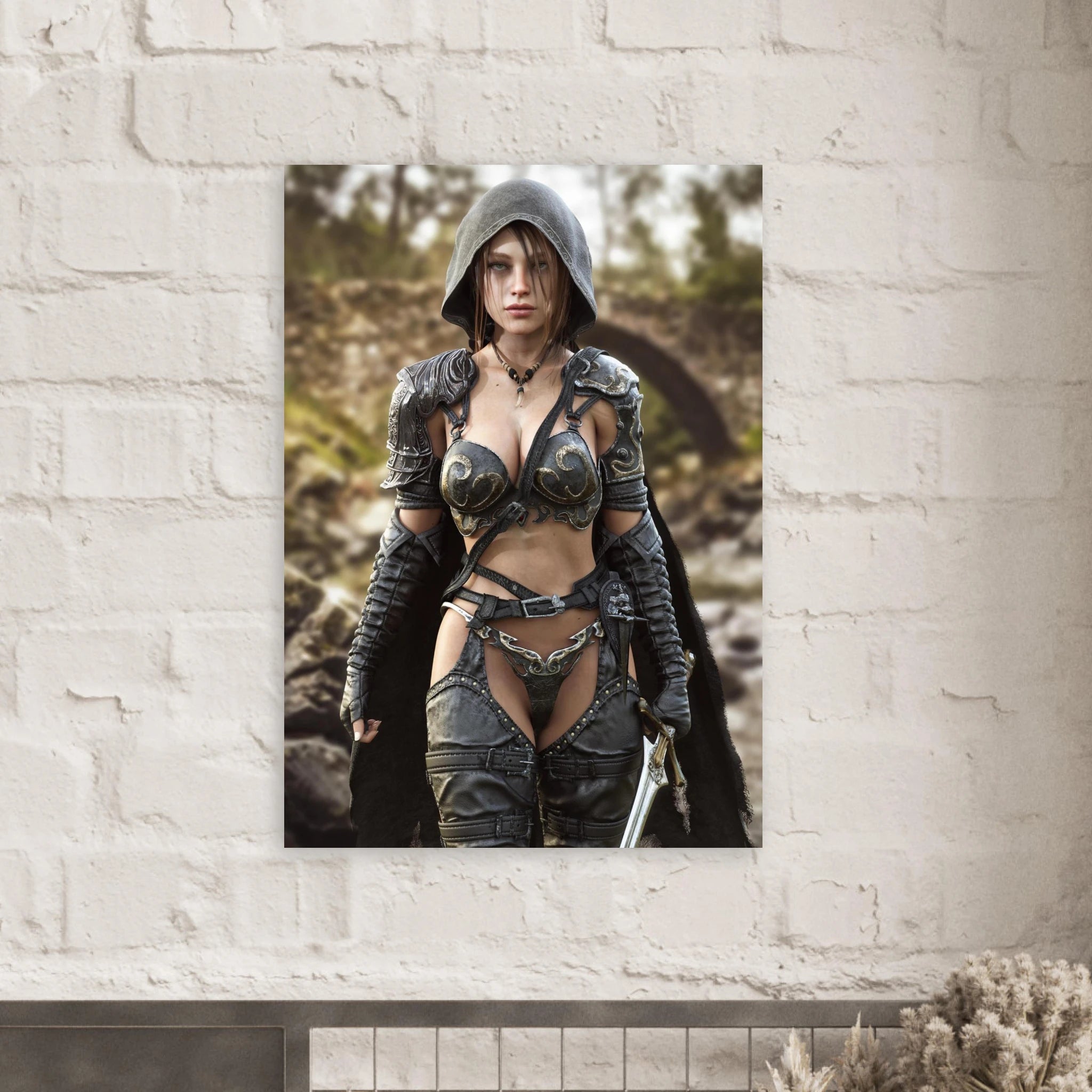 A handcrafted fantasy illustration featuring a determined female ranger walking through a rocky forest stream beneath a weathered stone bridge. She wears a hooded black cloak over intricately engraved silver armor with medieval-inspired detailing and carries an elegant sword at her side. Soft natural light illuminates her realistic facial features while the woodland landscape and flowing stream create an immersive atmosphere of exploration and adventure. Inspired by classic fantasy novels, tabletop role-pla