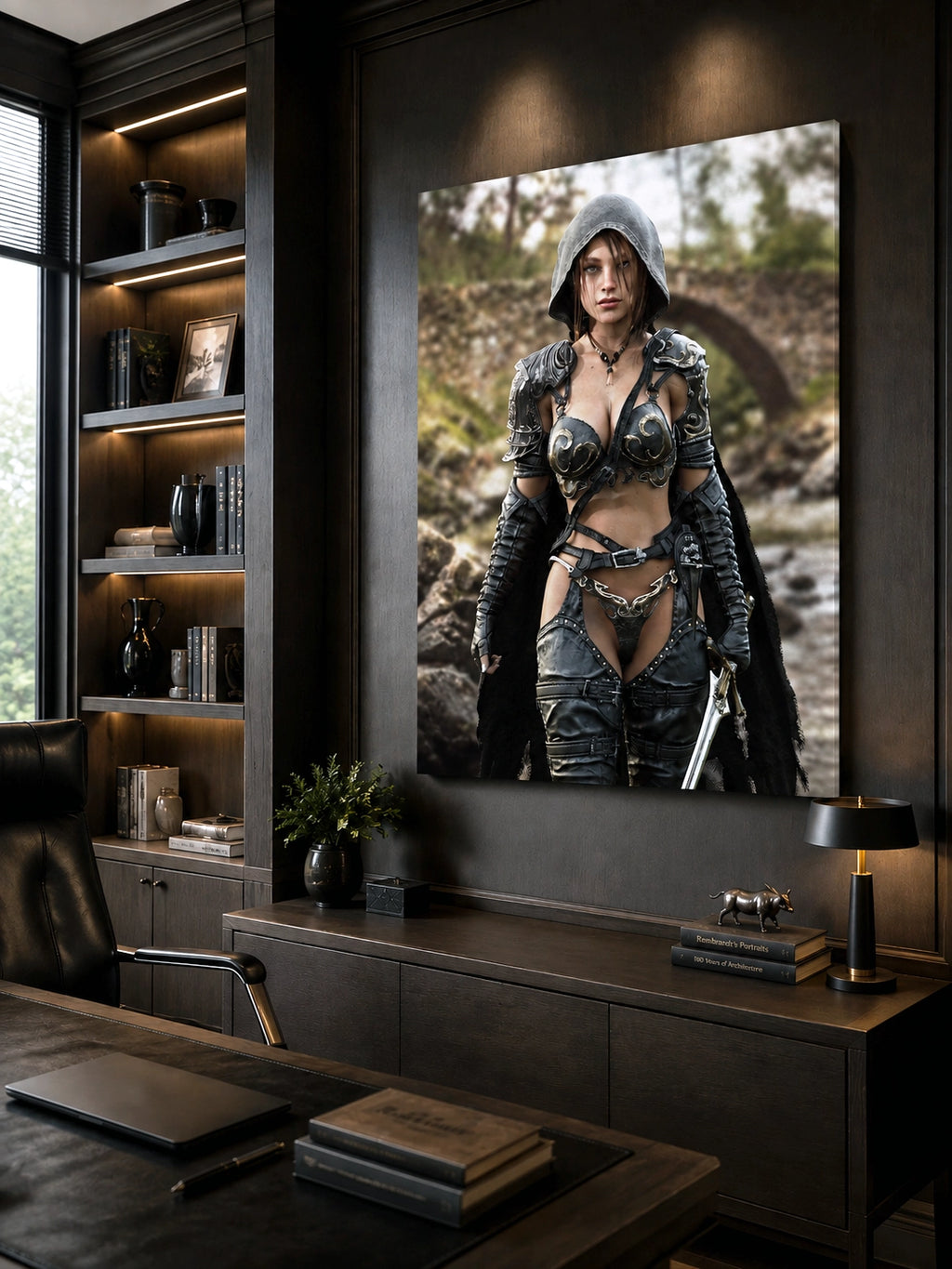 A handcrafted fantasy illustration featuring a determined female ranger walking through a rocky forest stream beneath a weathered stone bridge. She wears a hooded black cloak over intricately engraved silver armor with medieval-inspired detailing and carries an elegant sword at her side. Soft natural light illuminates her realistic facial features while the woodland landscape and flowing stream create an immersive atmosphere of exploration and adventure. Inspired by classic fantasy novels, tabletop role-pla