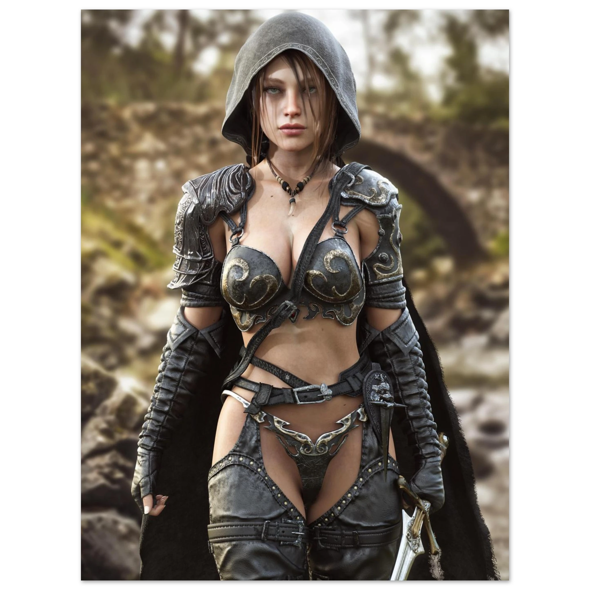 A handcrafted fantasy illustration featuring a determined female ranger walking through a rocky forest stream beneath a weathered stone bridge. She wears a hooded black cloak over intricately engraved silver armor with medieval-inspired detailing and carries an elegant sword at her side. Soft natural light illuminates her realistic facial features while the woodland landscape and flowing stream create an immersive atmosphere of exploration and adventure. Inspired by classic fantasy novels, tabletop role-pla