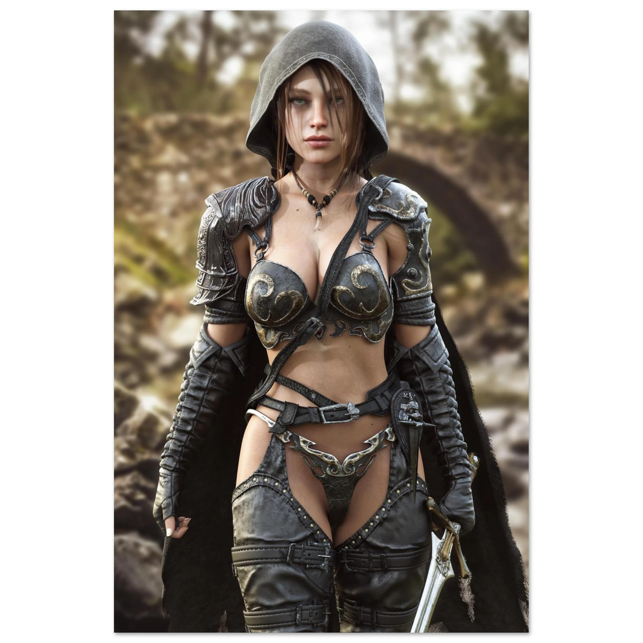 A handcrafted fantasy illustration featuring a determined female ranger walking through a rocky forest stream beneath a weathered stone bridge. She wears a hooded black cloak over intricately engraved silver armor with medieval-inspired detailing and carries an elegant sword at her side. Soft natural light illuminates her realistic facial features while the woodland landscape and flowing stream create an immersive atmosphere of exploration and adventure. Inspired by classic fantasy novels, tabletop role-pla