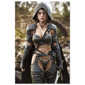 A handcrafted fantasy illustration featuring a determined female ranger walking through a rocky forest stream beneath a weathered stone bridge. She wears a hooded black cloak over intricately engraved silver armor with medieval-inspired detailing and carries an elegant sword at her side. Soft natural light illuminates her realistic facial features while the woodland landscape and flowing stream create an immersive atmosphere of exploration and adventure. Inspired by classic fantasy novels, tabletop role-pla