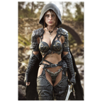 A handcrafted fantasy illustration featuring a determined female ranger walking through a rocky forest stream beneath a weathered stone bridge. She wears a hooded black cloak over intricately engraved silver armor with medieval-inspired detailing and carries an elegant sword at her side. Soft natural light illuminates her realistic facial features while the woodland landscape and flowing stream create an immersive atmosphere of exploration and adventure. Inspired by classic fantasy novels, tabletop role-pla