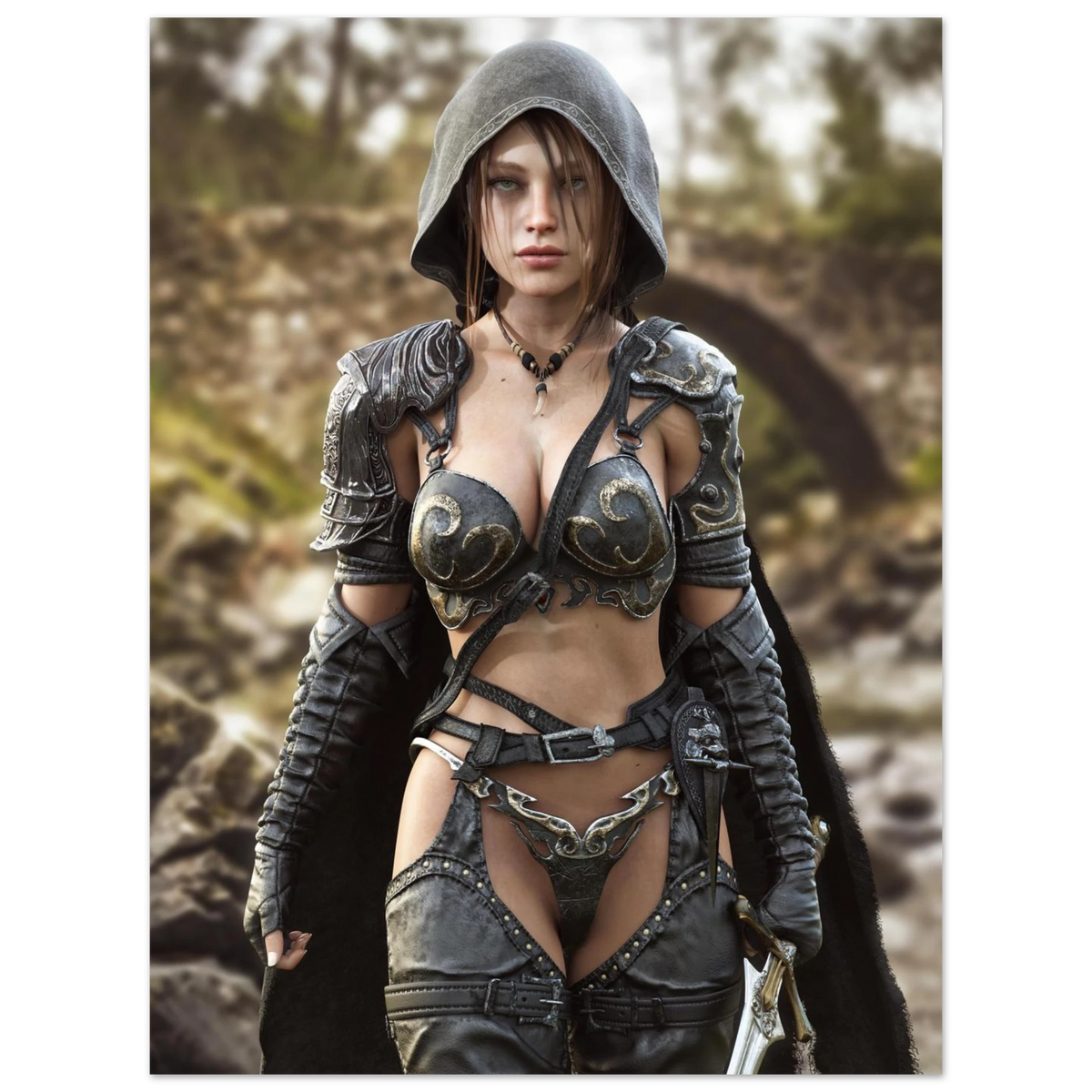 A handcrafted fantasy illustration featuring a determined female ranger walking through a rocky forest stream beneath a weathered stone bridge. She wears a hooded black cloak over intricately engraved silver armor with medieval-inspired detailing and carries an elegant sword at her side. Soft natural light illuminates her realistic facial features while the woodland landscape and flowing stream create an immersive atmosphere of exploration and adventure. Inspired by classic fantasy novels, tabletop role-pla