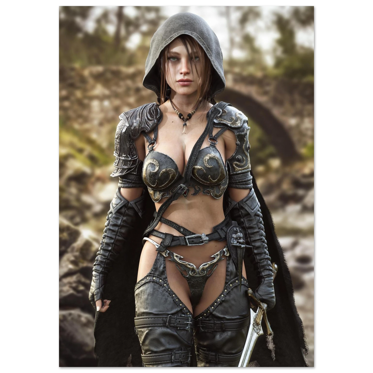 A handcrafted fantasy illustration featuring a determined female ranger walking through a rocky forest stream beneath a weathered stone bridge. She wears a hooded black cloak over intricately engraved silver armor with medieval-inspired detailing and carries an elegant sword at her side. Soft natural light illuminates her realistic facial features while the woodland landscape and flowing stream create an immersive atmosphere of exploration and adventure. Inspired by classic fantasy novels, tabletop role-pla