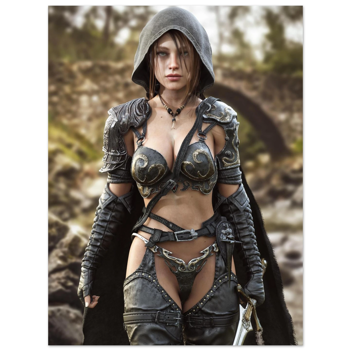 A handcrafted fantasy illustration featuring a determined female ranger walking through a rocky forest stream beneath a weathered stone bridge. She wears a hooded black cloak over intricately engraved silver armor with medieval-inspired detailing and carries an elegant sword at her side. Soft natural light illuminates her realistic facial features while the woodland landscape and flowing stream create an immersive atmosphere of exploration and adventure. Inspired by classic fantasy novels, tabletop role-pla
