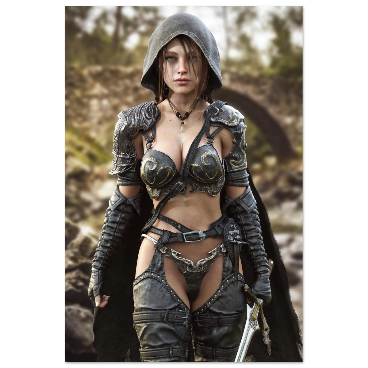 A handcrafted fantasy illustration featuring a determined female ranger walking through a rocky forest stream beneath a weathered stone bridge. She wears a hooded black cloak over intricately engraved silver armor with medieval-inspired detailing and carries an elegant sword at her side. Soft natural light illuminates her realistic facial features while the woodland landscape and flowing stream create an immersive atmosphere of exploration and adventure. Inspired by classic fantasy novels, tabletop role-pla